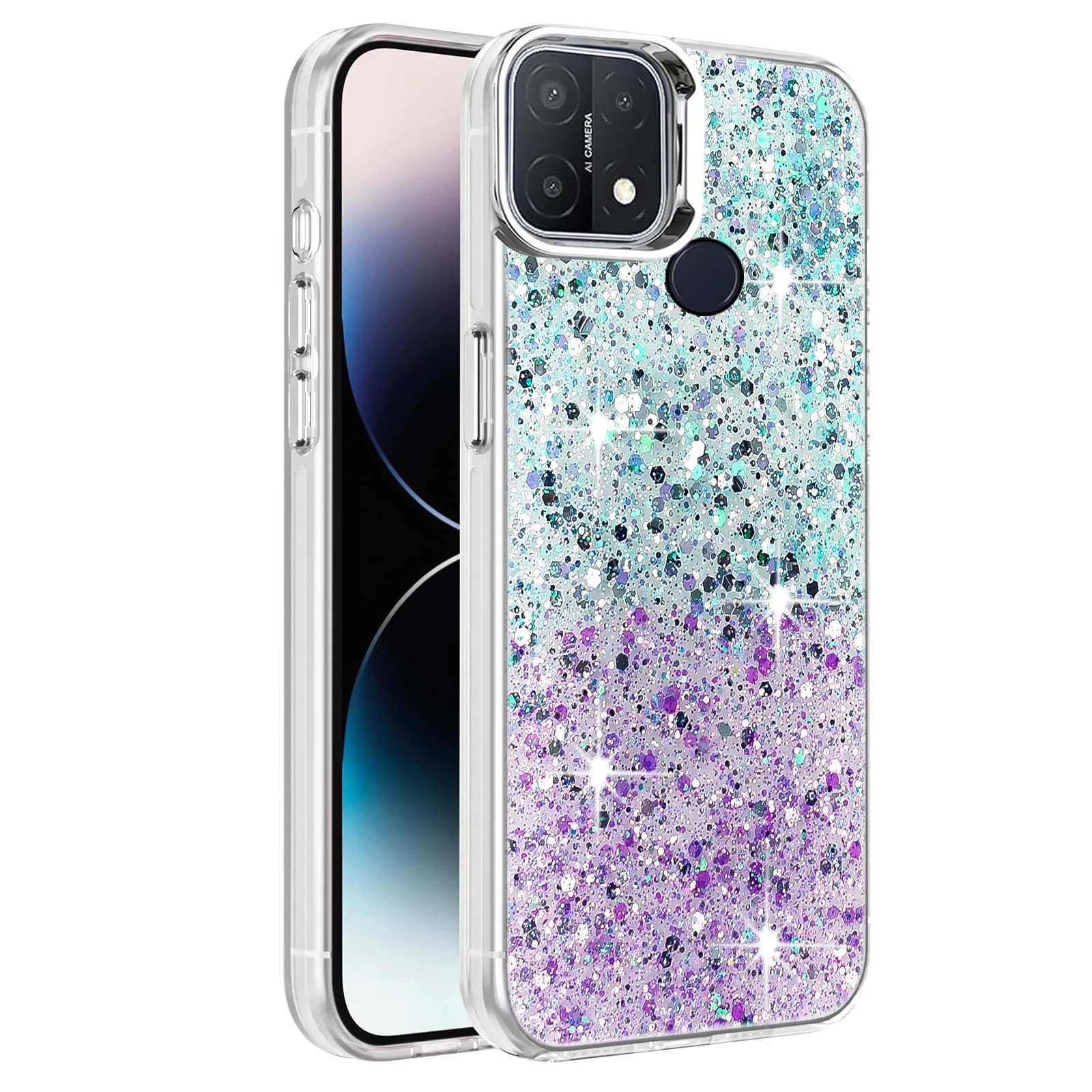 DL3 Mobilak Compatible with OPPO A15 / OPPO A15S Case, Clear Glitter Bling Sparkly, Soft TPU Frame Bumper, Hard-Back Cover for Women & Girls, Transparent Protective Phone Case - Green Purple