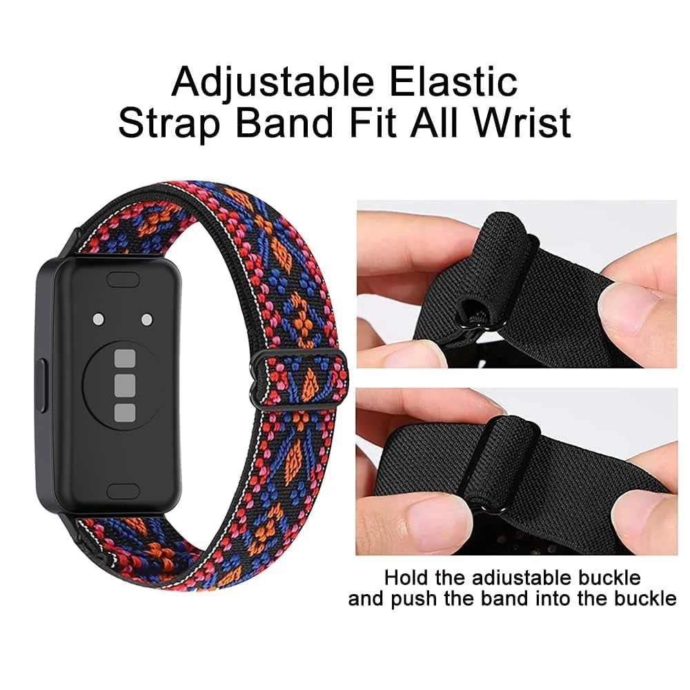 DL3 Mobilak Strap Compatible with Honor Band 7 / Huawei Band 7, Soft Elastic Nylon Straps, Adjustable Stretchy Sports Replacement Bracelets Wristbands for Women Men - Bohemia Red
