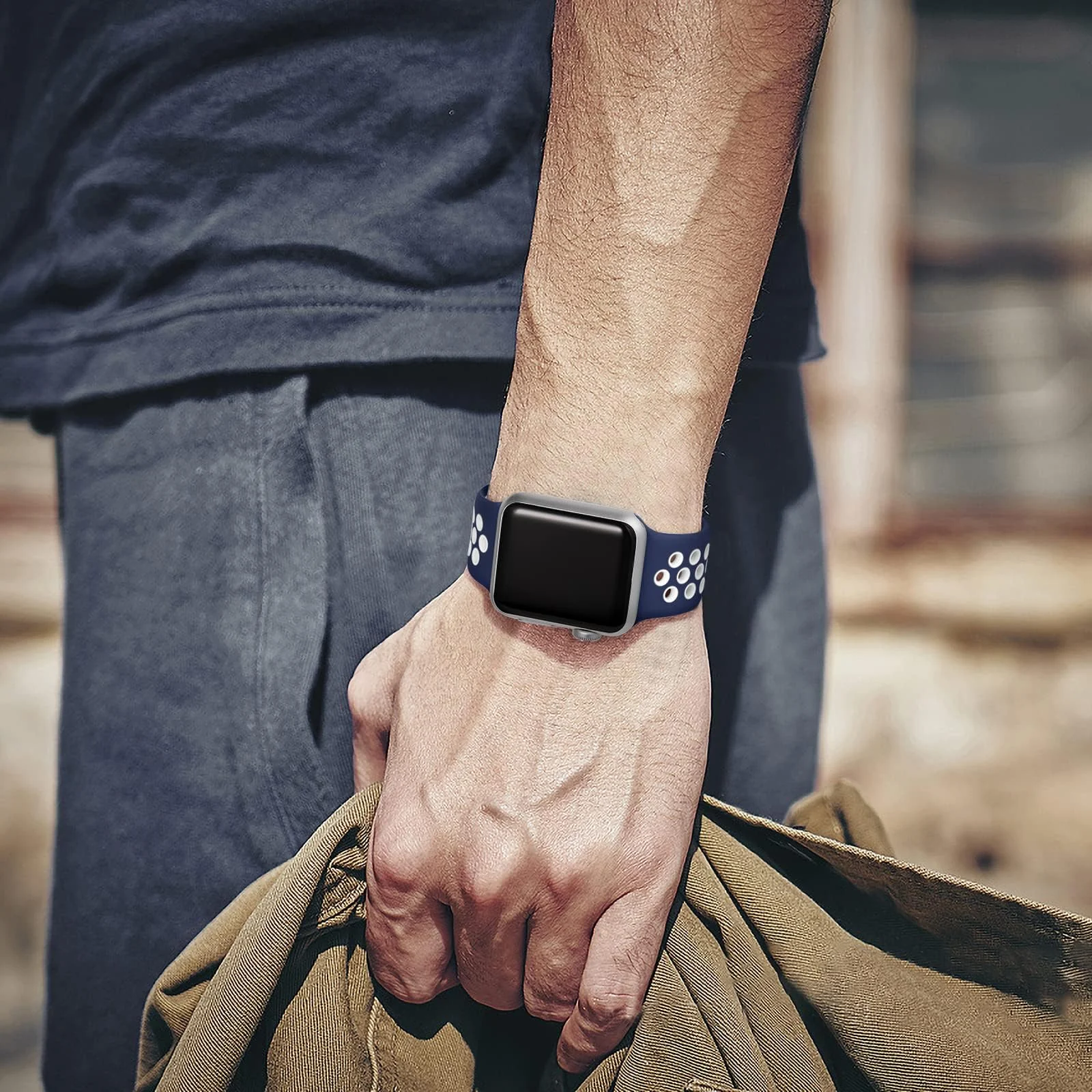 DL3 Mobilak Sport Strap For Apple Watch 49mm 45mm 44mm 42mm 41mm 40mm 38mm, Breathable Silicone Double Hole Band, for iWatch Ultra 2 Series 9 8 7 6 5 4 3 SE (&, 38mm/40mm/41mm) - Blue & White