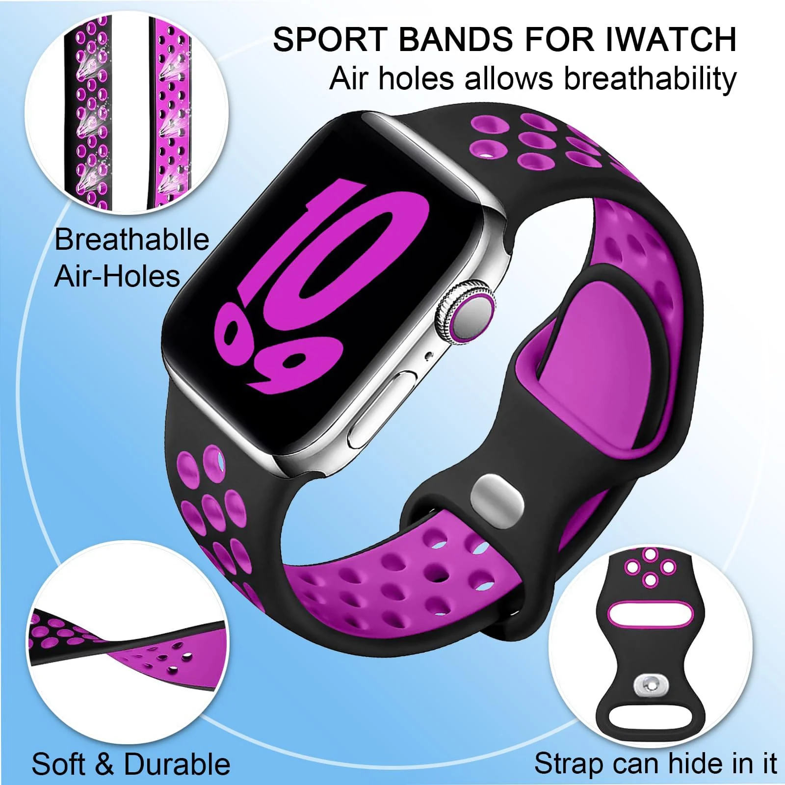 DL3 Mobilak Sport Strap For Apple Watch 49mm 45mm 44mm 42mm 41mm 40mm 38mm, Breathable Silicone Double Hole Band, for iWatch Ultra 2 Series 9 8 7 6 5 4 3 SE (&, 38mm/40mm/41mm) - Black & Purple