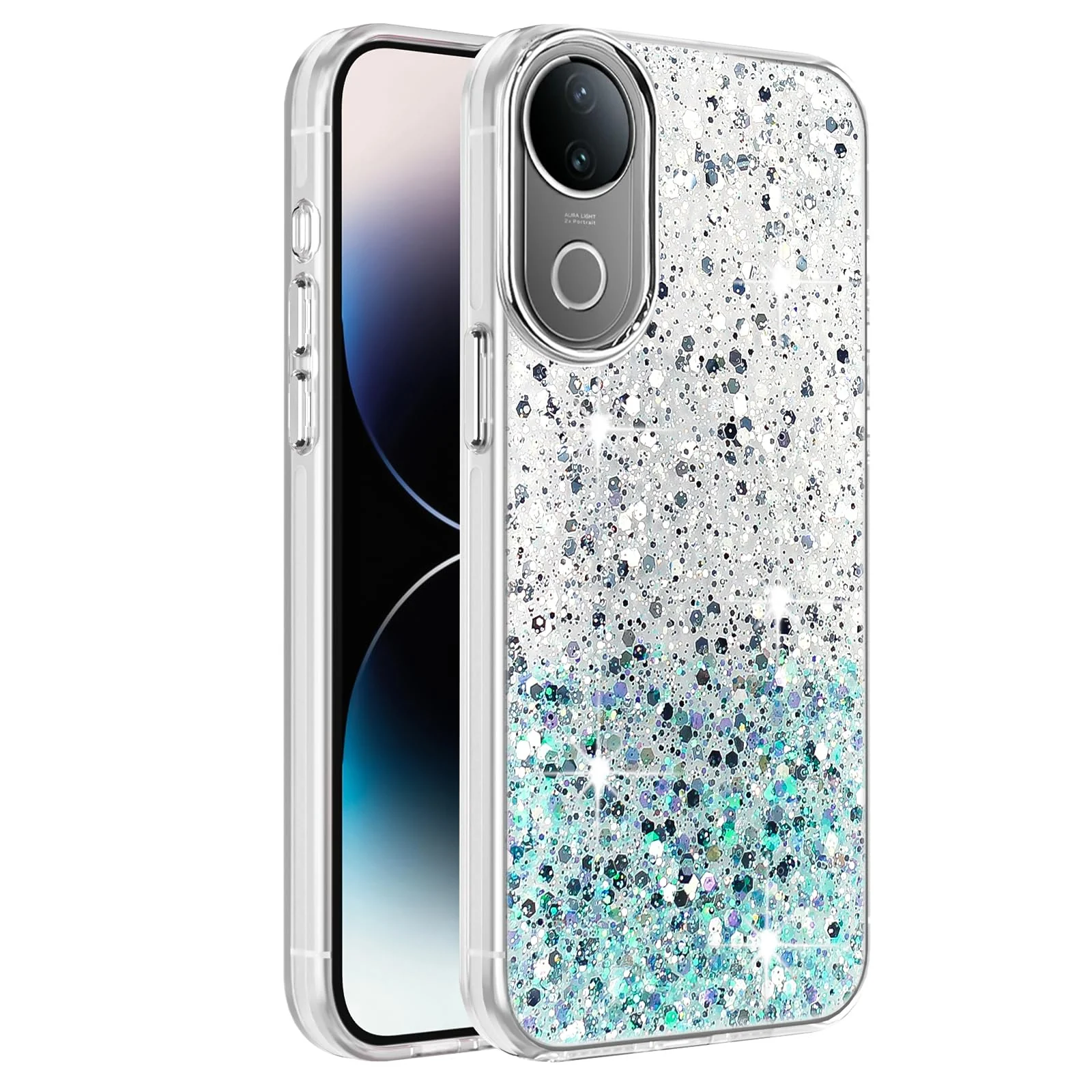 DL3 Mobilak Glitter Protective Case for vivo V50 5G / vivo V50e 5G, Supports wireless charging, Camera protection, Shock-absorbing protection - White Green
