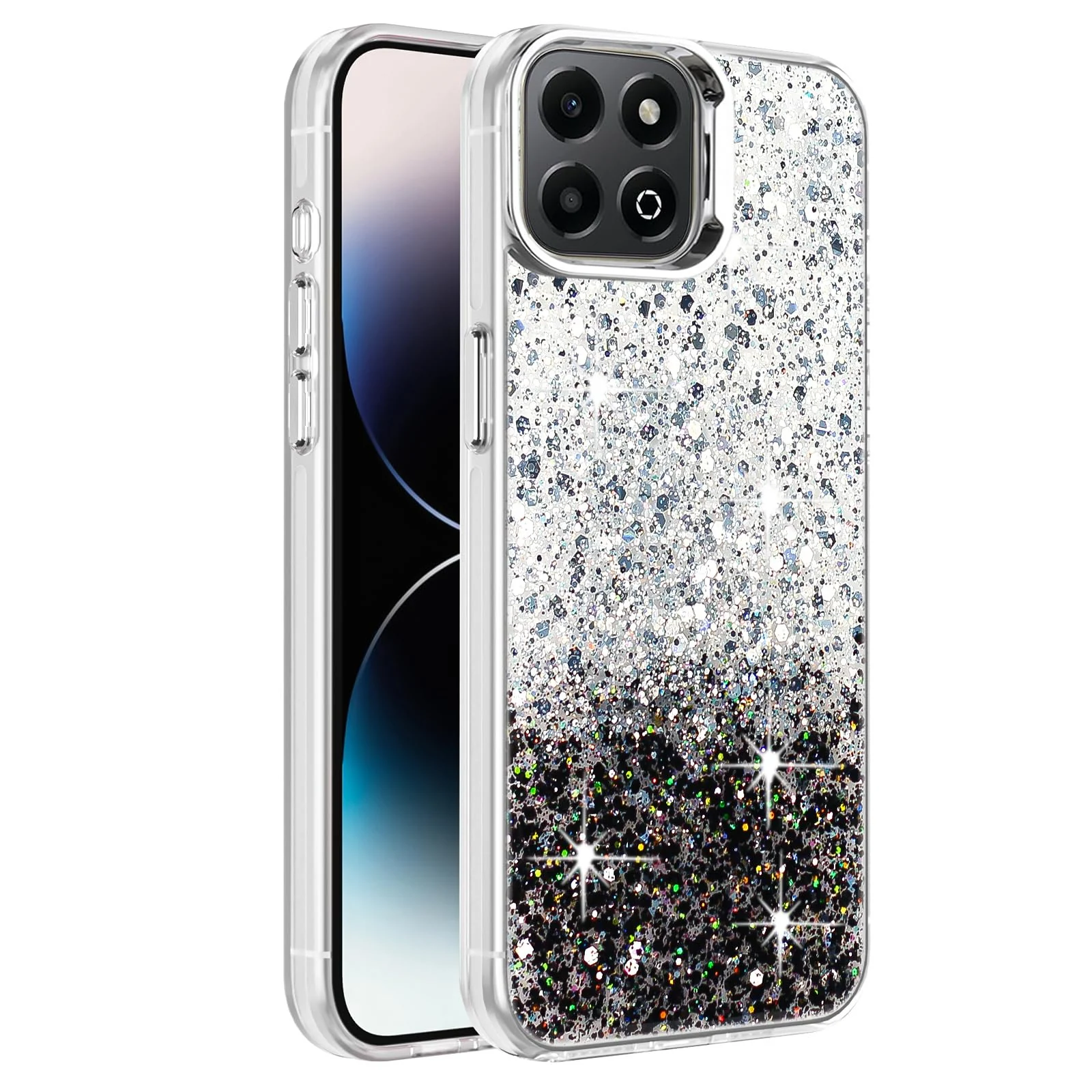 DL3 Mobilak Glitter Protective Case for Honor X6b, Supports wireless charging, Camera protection, Shock-absorbing protection - White Black
