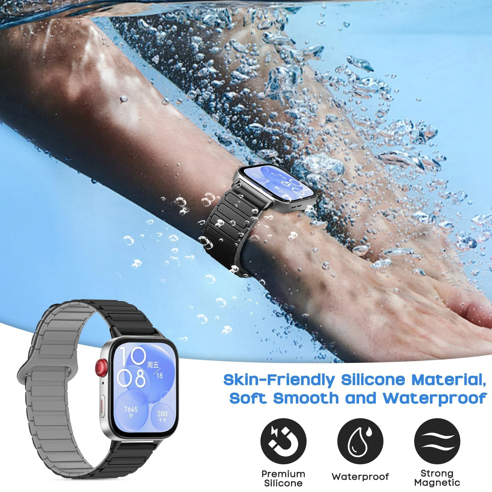 DL3 Mobilak Magnetic Strap for Huawei Watch Fit 4 Pro/Fit4/Fit 3 Replacement Straps Strong Silicone, Easy to Wear, Waterproof, Sporty, Daily Wear Watchbands for Men and Women - Black | Gray