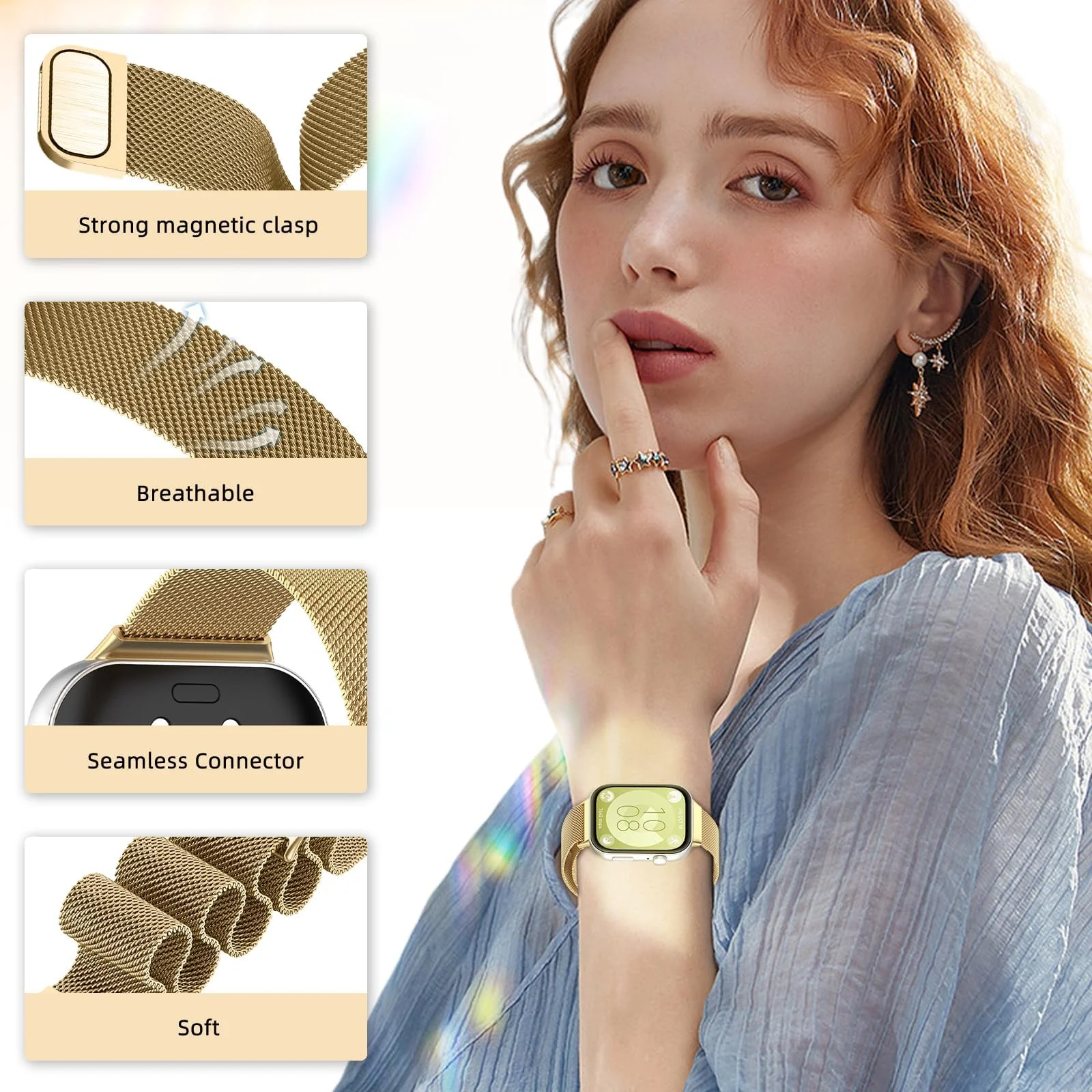 DL3 Mobilak Bracelet Compatible with Huawei Watch Fit 3, Stainless Steel Replacement Straps, Mesh Metal Watch Strap, Magnetic Adjustable Replacement Strap For Huawei Watch Fit3 - Gold
