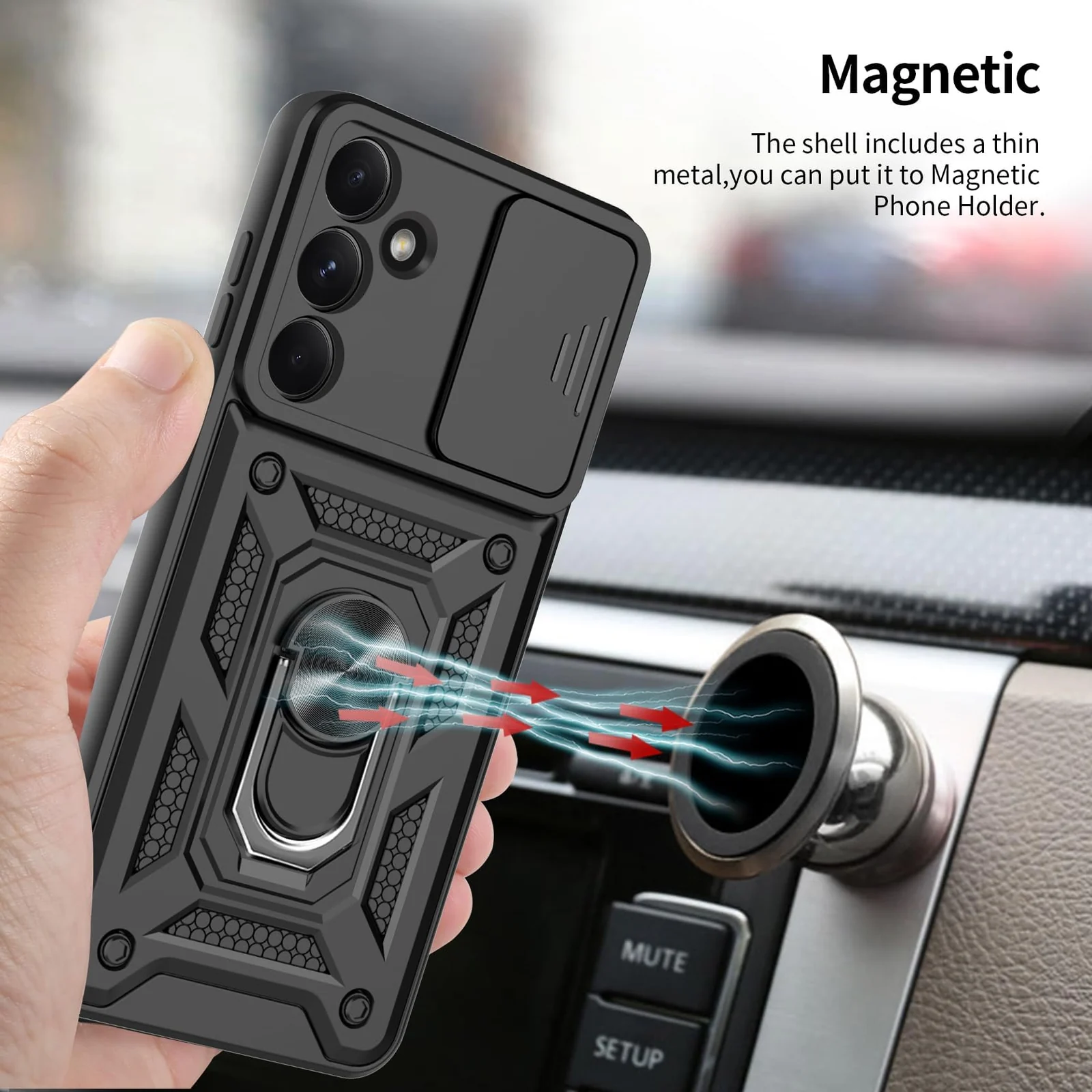 DL3 Mobilak Silicone Protective Case for Samsung Galaxy S21 FE 5G with Slide Camera, Built-in magnetic car-mount support, Shock-absorbing protection, Built-in kickstand - Black