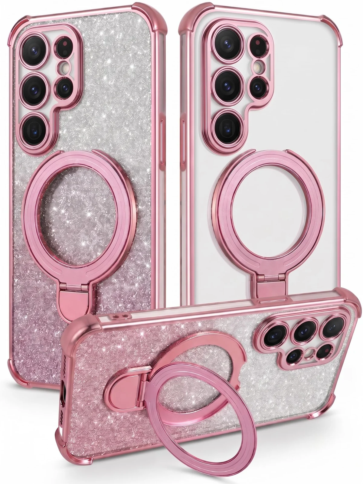 MOBIGON Glitter Phone Case with Magnetic Ring Stand for Samsung Galaxy S25 Ultra, Pink