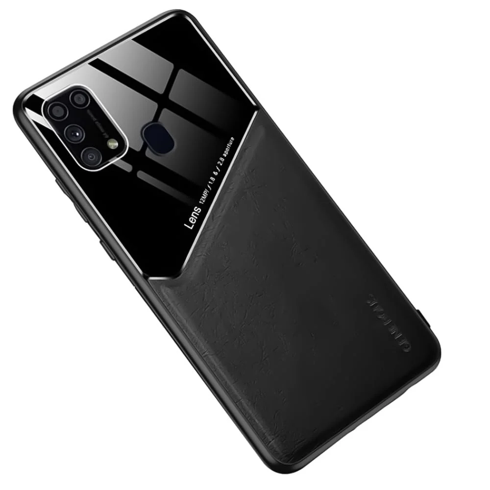 DL3 Mobilak Faux Leather and Plexiglass Protective Case with TPU Frame and Magnetic Car-Mount Support for Samsung Galaxy M31 / M21s - Black
