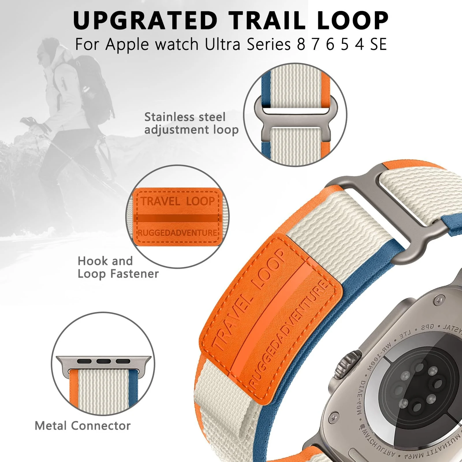 DL3 Mobilak Trail Loop Strap for Apple Watch Ultra Band 49mm 45mm 44mm 42mm iWatch Ultra Band Men Women, Rugged Sport Strap Soft Nylon Wristband for iWatch Ultra 2 Bands Series 9 8 7 6 5 4 3 2 1 SE - Orange Beige