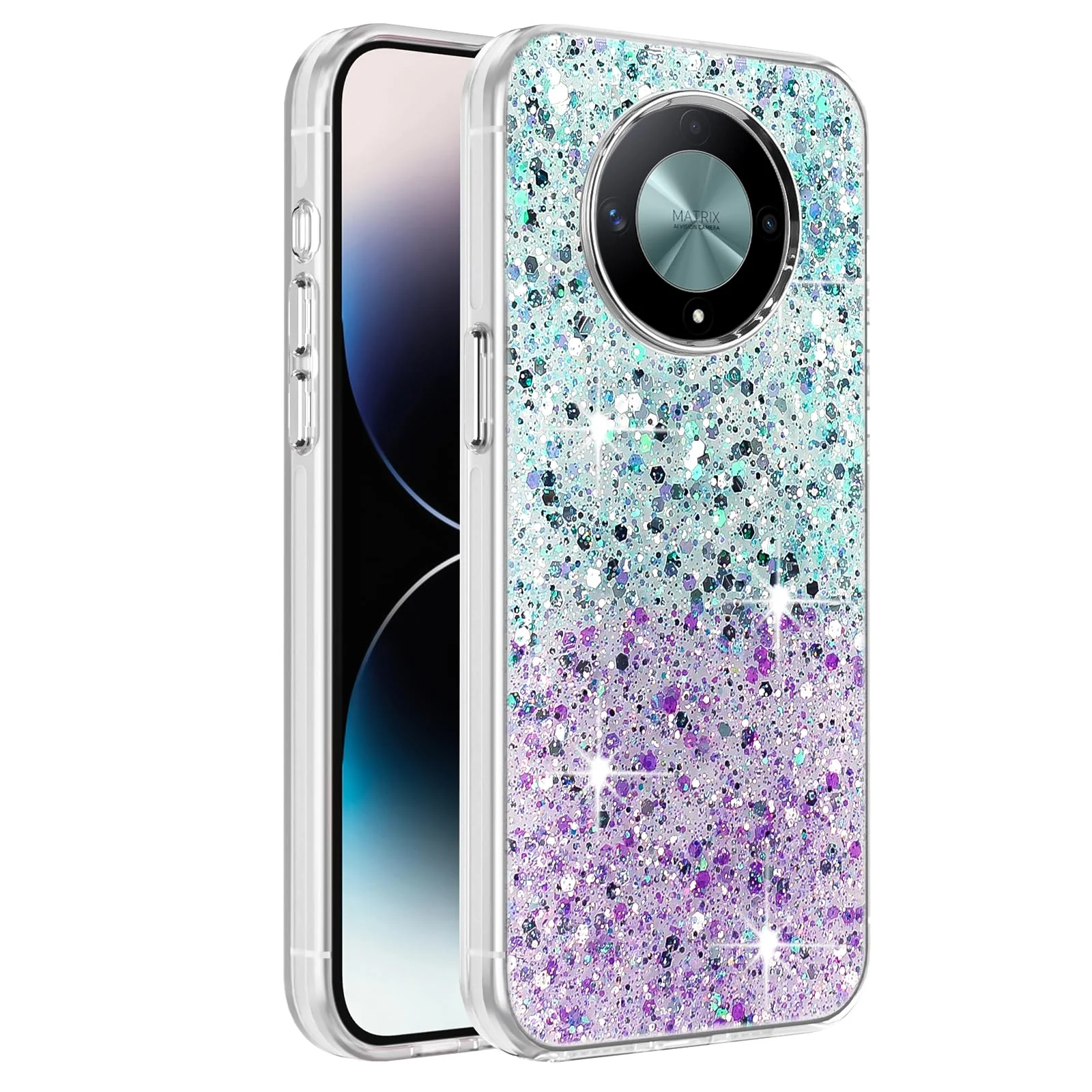 Dl3 Mobilak Compatible with Honor X9b/Honor Magic 6 Lite Case, Clear Glitter Bling Sparkly, Soft TPU Frame Bumper, Hard-Back Cover for Women & Girls, Transparent Protective Phone Case (Pink Purple)
