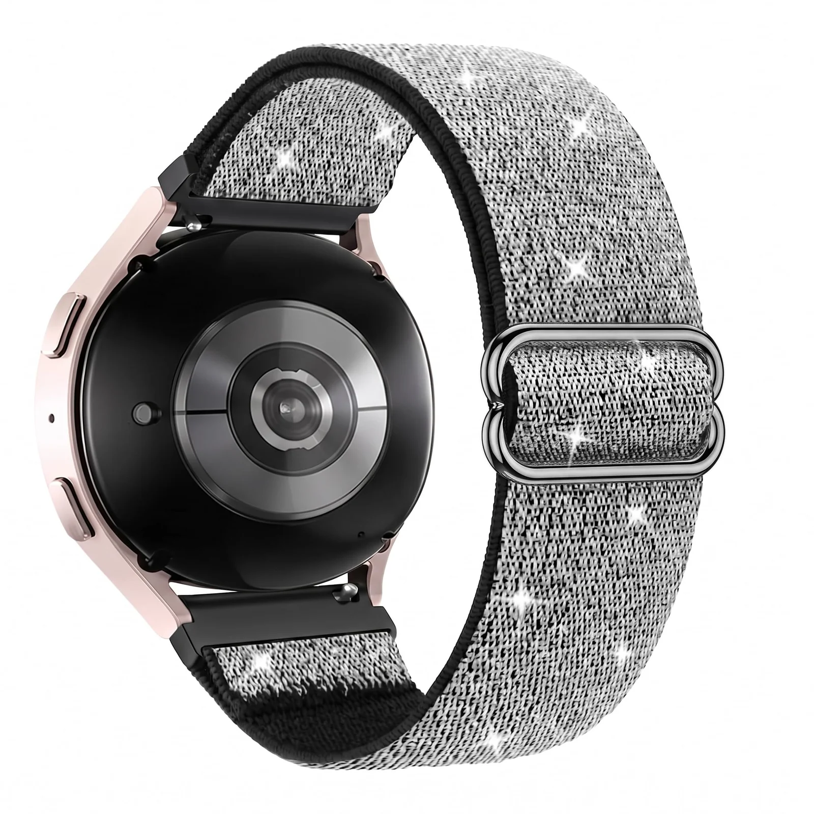 20MM Bnad Nylon Loop For Samsung Galaxy Watch 7/6/5/4 40mm 44mm/Watch 5 Pro 45mm/S2 classic/active 2 40mm 44mm Stretch Strap for Amazfit Active 2/GTS 4/3/3 Pro/2/2e/GTS 4 Mini (Silver/Black)