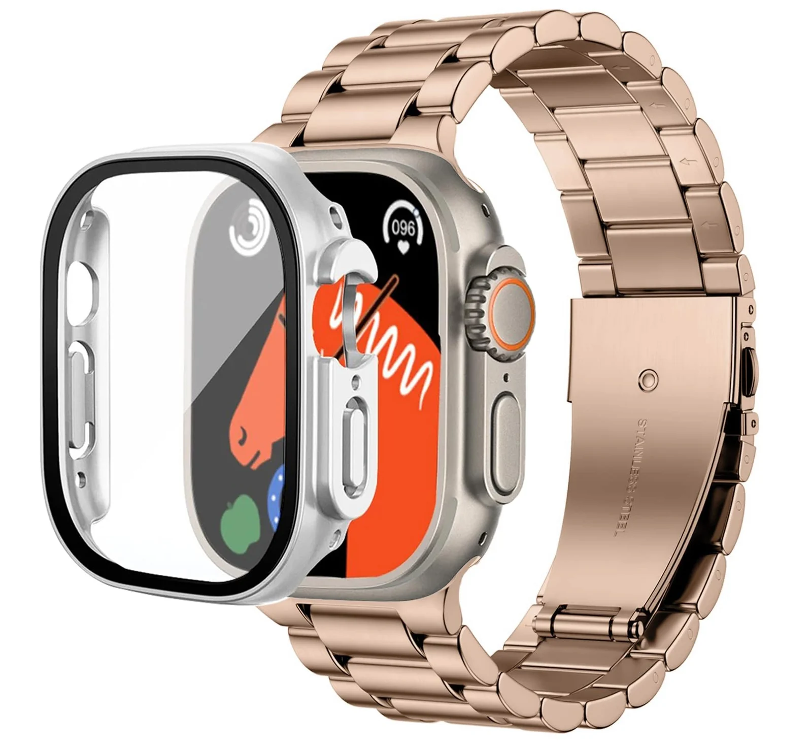 DL3 Mobilak Stainless Steel Band with Case Compatible with Apple Watch Ultra 49mm, Men Woman Business Metal Strap with Protective Bumper Cover for Apple Watch Ultra 2 Ultra 49mm - Rose Gold