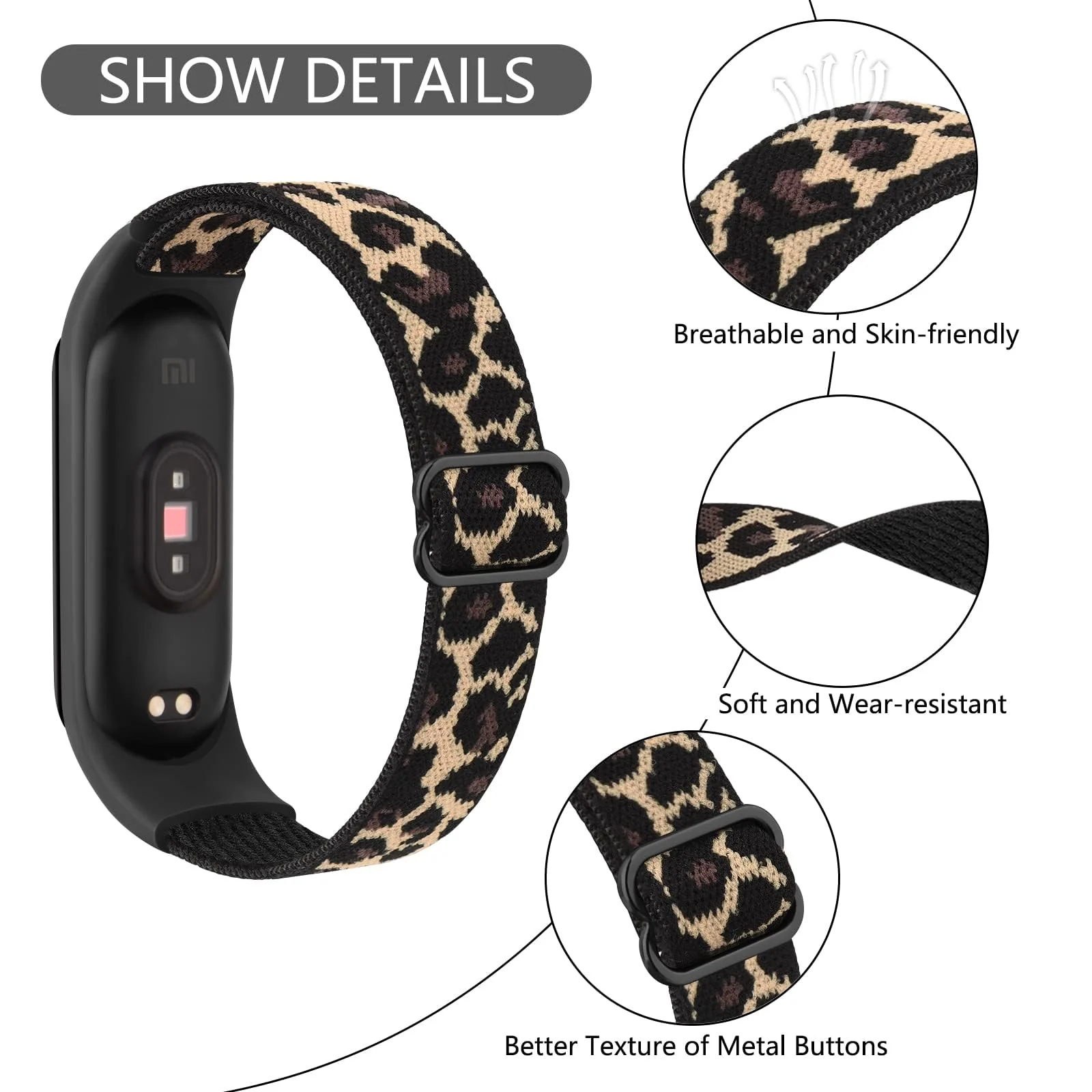 DL3 Mobilak Nylon Loop Stretchy Strap for Xiaomi Mi Band 7/Mi Band 6/Mi Band 5/Mi Band 4/Mi Band 3, Adjustable Elastic Sport Band for Mi Band 7 6 5 4 3, Strap Smart Watch Accessories (Leopard) - Black
