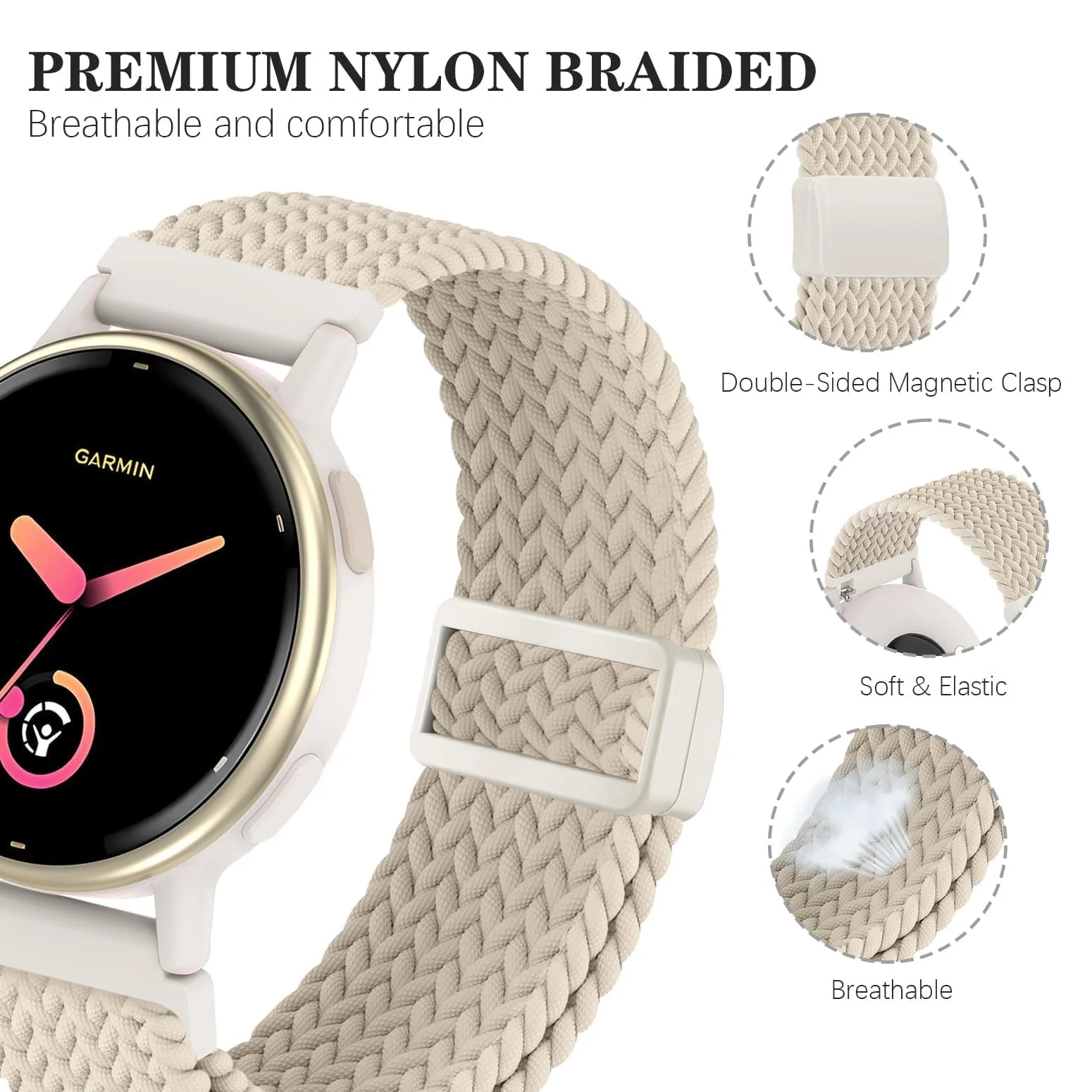 DL3 Mobilak Magnetic Braided Nylon Band Compatible with Xiaomi Redmi Watch 5 Active/Xiaomi Redmi Watch 5 Lite, 22mm Elastic Loop Stretchy Wristband Strap Replacement for Redmi Watch 5 Active/Redmi Watch 5 Lite - Starlight