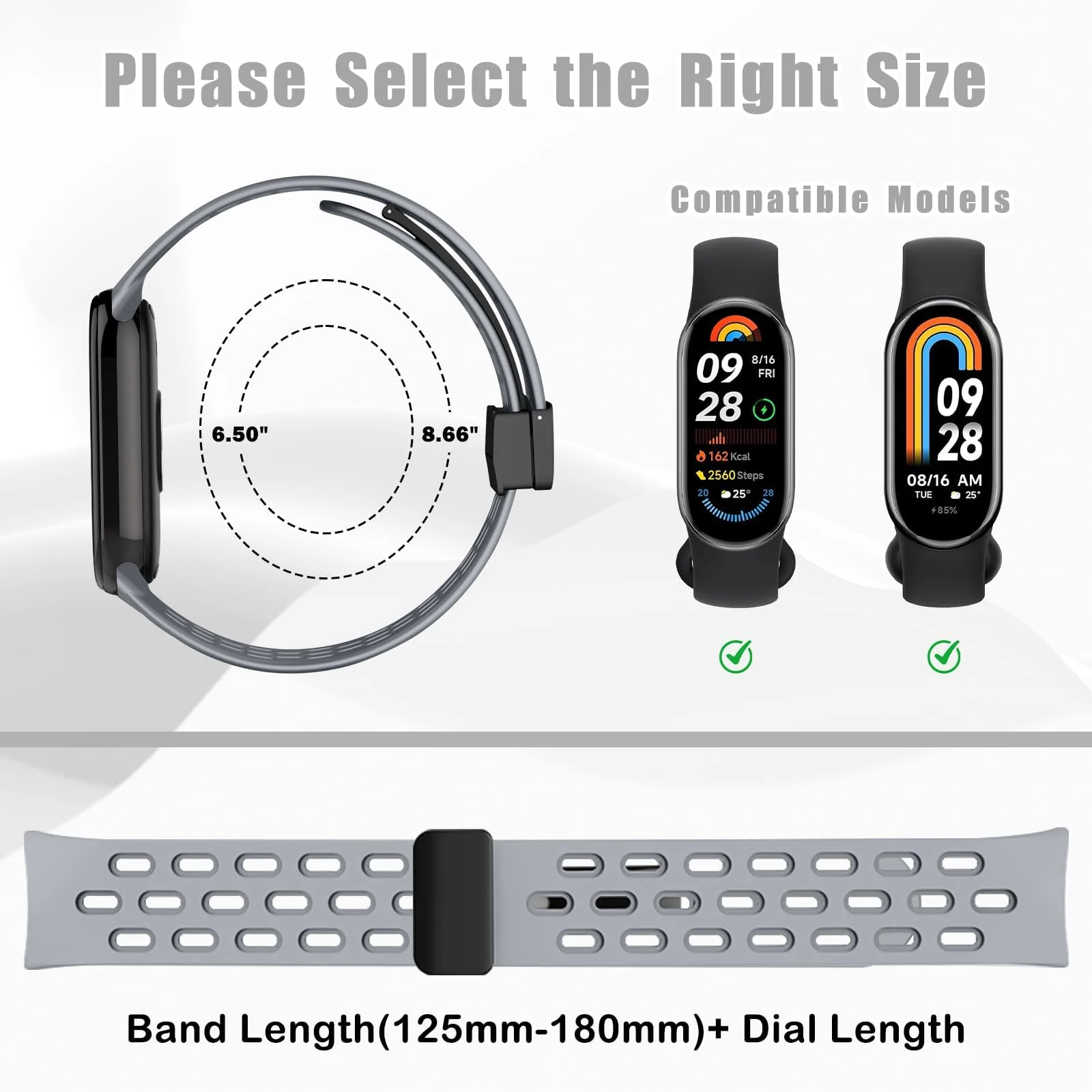 DL3 Mobilak Strap For Xiaomi Mi Band 10/9/8 Magnetic Metal Buckle Sport Silicone Breathable Strap for Men Women Band Quick Release Soft Replacment Wristband For Xiaomi Smart Band 8/9/10 - Gray