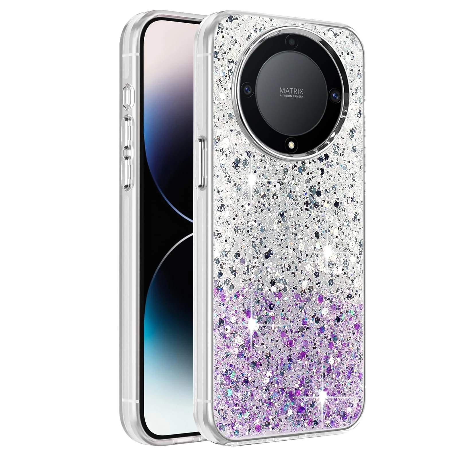 DL3 Mobilak Glitter Protective Case for Honor X9a, Supports wireless charging, Camera protection, Shock-absorbing protection - White Purple