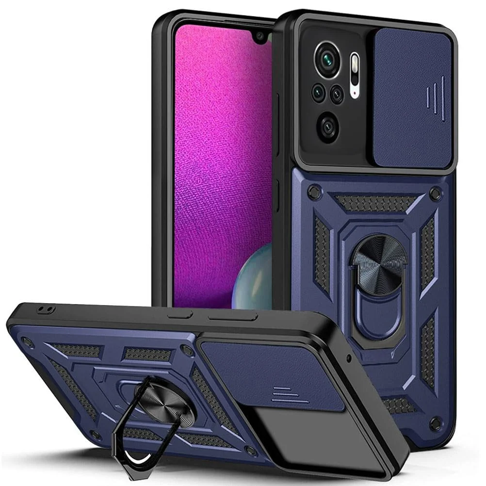DL3 Mobilak Military-Grade Protective Case with Sliding Camera Cover, Metal Ring Kickstand and Magnetic Car-Mount Support for Xiaomi Redmi Note 10 4G / Note 10S - Blue
