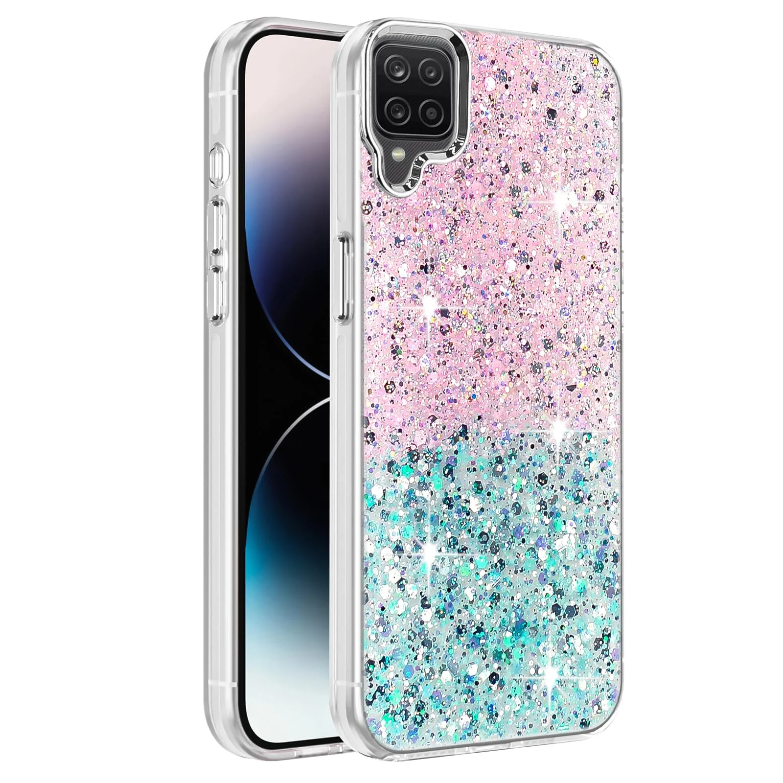 DL3 Mobilak Glitter Protective Case for Samsung Galaxy A12 / M12, Supports wireless charging, Camera protection, Shock-absorbing protection - Pink Green