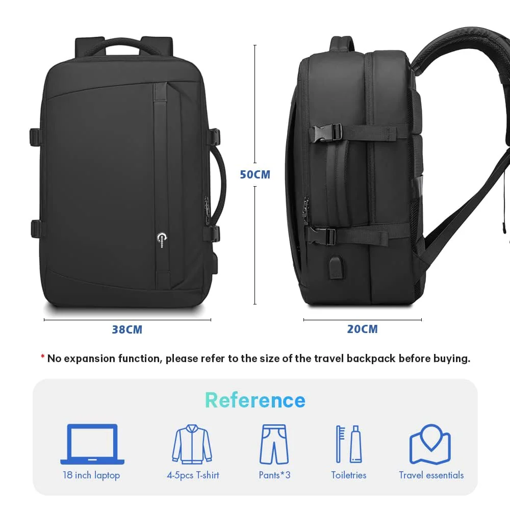 Mobigon Men's Big Travel Backpack with USB Charging Port, 18 Inch Laptop Backpack, Waterproof Leather Business Rucksack, Carry On Big Bag with Anti-Theft Pocket & Luggage Strap - Black