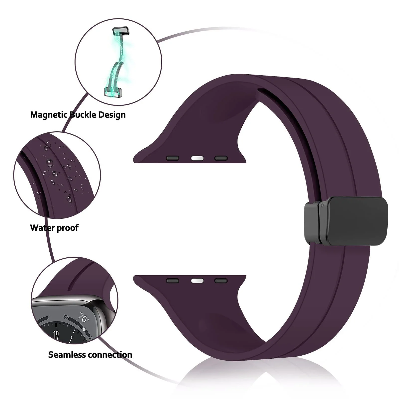DL3 Mobilak Magnetic Bands for Apple Watch Ultra/Ultra 2 Band 49mm 45mm 44mm 42mm 41mm 40mm 38mm, Soft Sport Silicone Strap for iwatch Series 9/8/7/6/5/4 (Elderberry, 42mm/44mm/45mm/49mm), unisex-adult - Black