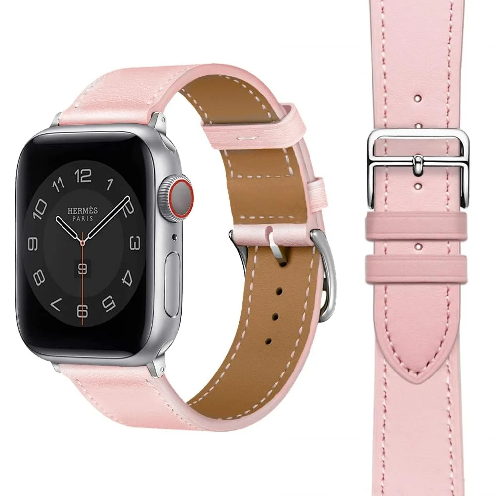 DL3 Mobilak Compatible with Apple Watch Band 49mm 46mm 45mm 44mm 42mm Leather Band Replacement Strap, Soft Leather Bracelet for iWatch Series 11 10 9 8 7 6 5 4 SE SE2 Ultra 3 2 1 - Pink