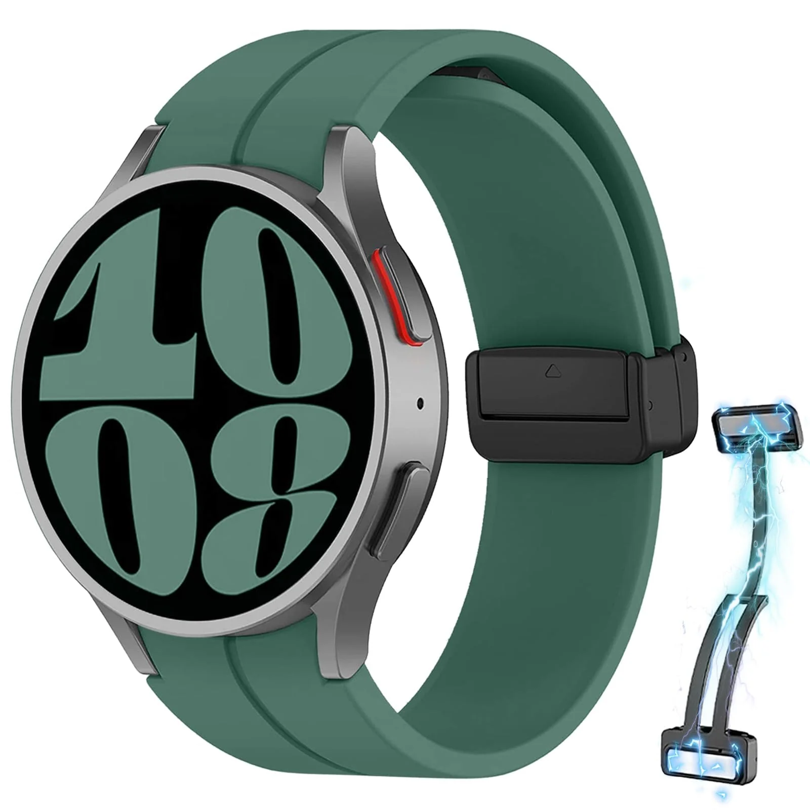 DL3 MOBILAK Magnetic for Samsung Galaxy Watch 6/5/4 Band 40mm 44mm/Galaxy Watch 6 Classic Bands 47mm 43mm/watch 4 Classic 46mm 42mm,Silicone Strap for Samsung Watch 5 Pro 45mm,No Gap Buckle - Pine Green