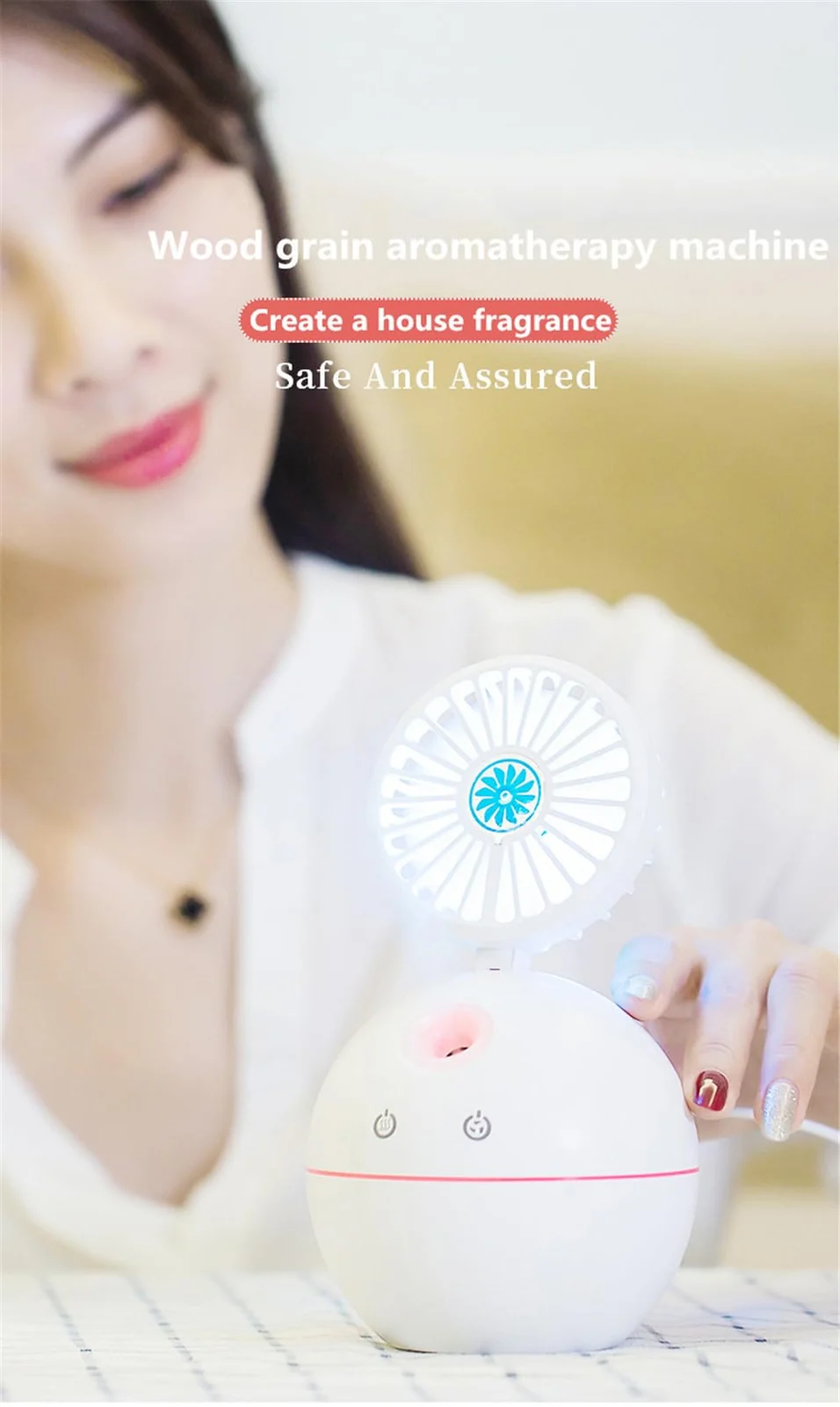Mobigon Air Humidifier with Fan Portable USB Ultrasonic Essential Oil Aroma Diffuser with 7 Colorful Night Lights for Office Home - Pink