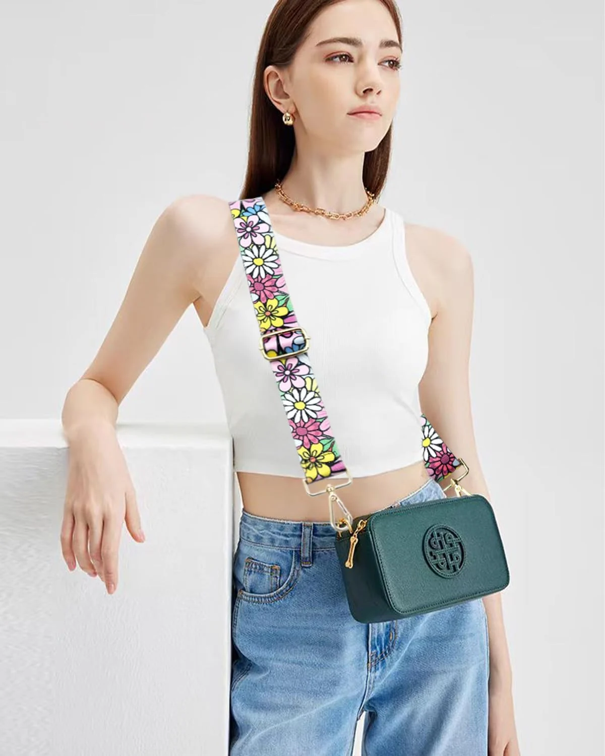 DL3 Mobilak Adjustable Wide Crossbody Bag Strap for Women, Replacement Shoulder Strap for Handbags, Totes & Purses with Elegant Embroidered Pattern and Metal Hooks - Daisy