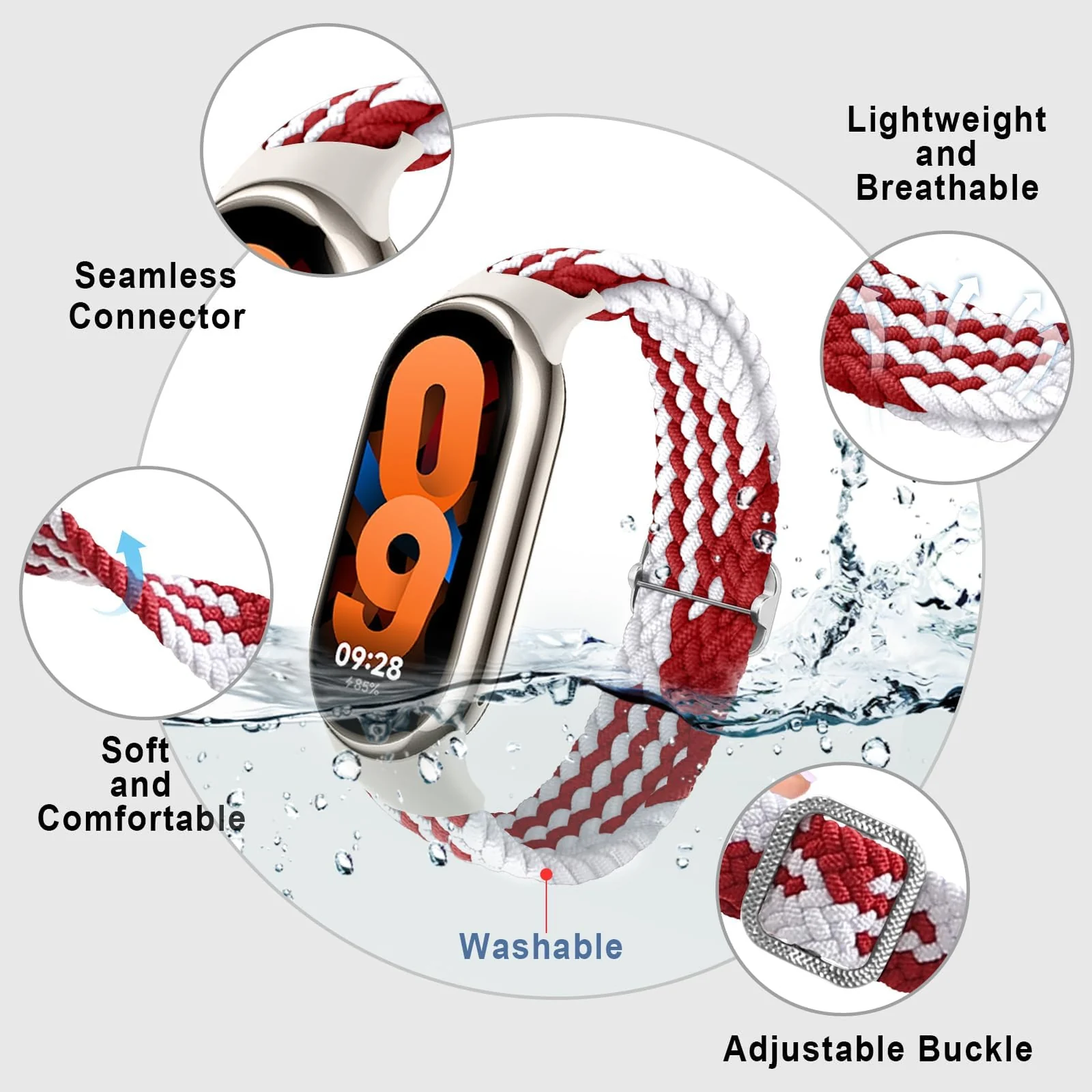 DL3 Mobilak Compatible with Xiaomi Mi Band 10/9/8 strap, Braided Solo Loop for Nylon Elastic Adjustable Replacement Wristband Compatible with Xiaomi Smart Band 8/9/10 - Red White
