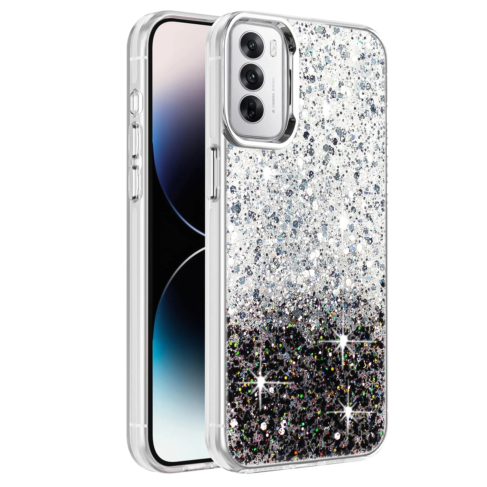 DL3 Mobilak Glitter Protective Case with Camera Protection for OPPO Reno 12 5G - White Black