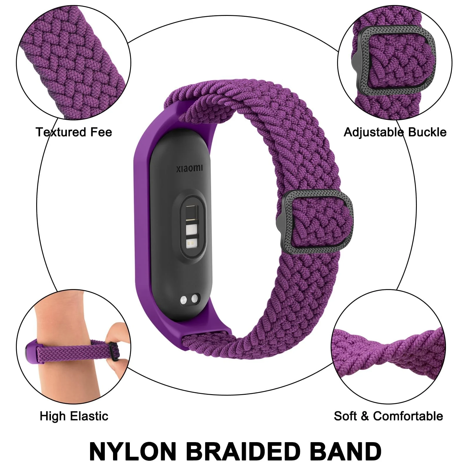 DL3 Mobilak Nylon Wristband Compatible for Xiaomi Mi Band 7/Mi Band 6/Mi Band 5/Mi Band 4/Mi Band 3, Adjustable Braided Elastic Solo Loop for Mi Band 7 6 5 4 3, Sport Strap Smart Watch Accessories - Purple