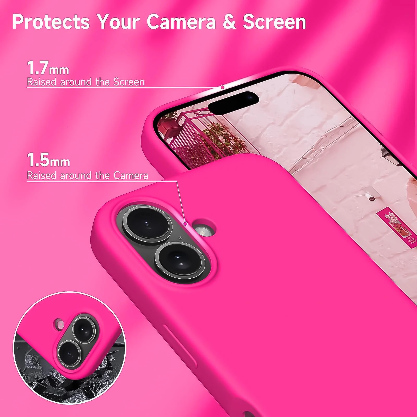 DL3 Mobilak Liquid Silicone Protective Case for iPhone 16+ Plus 6.7-Inch with Microfiber Lining and Shockproof Design - Neon Pink