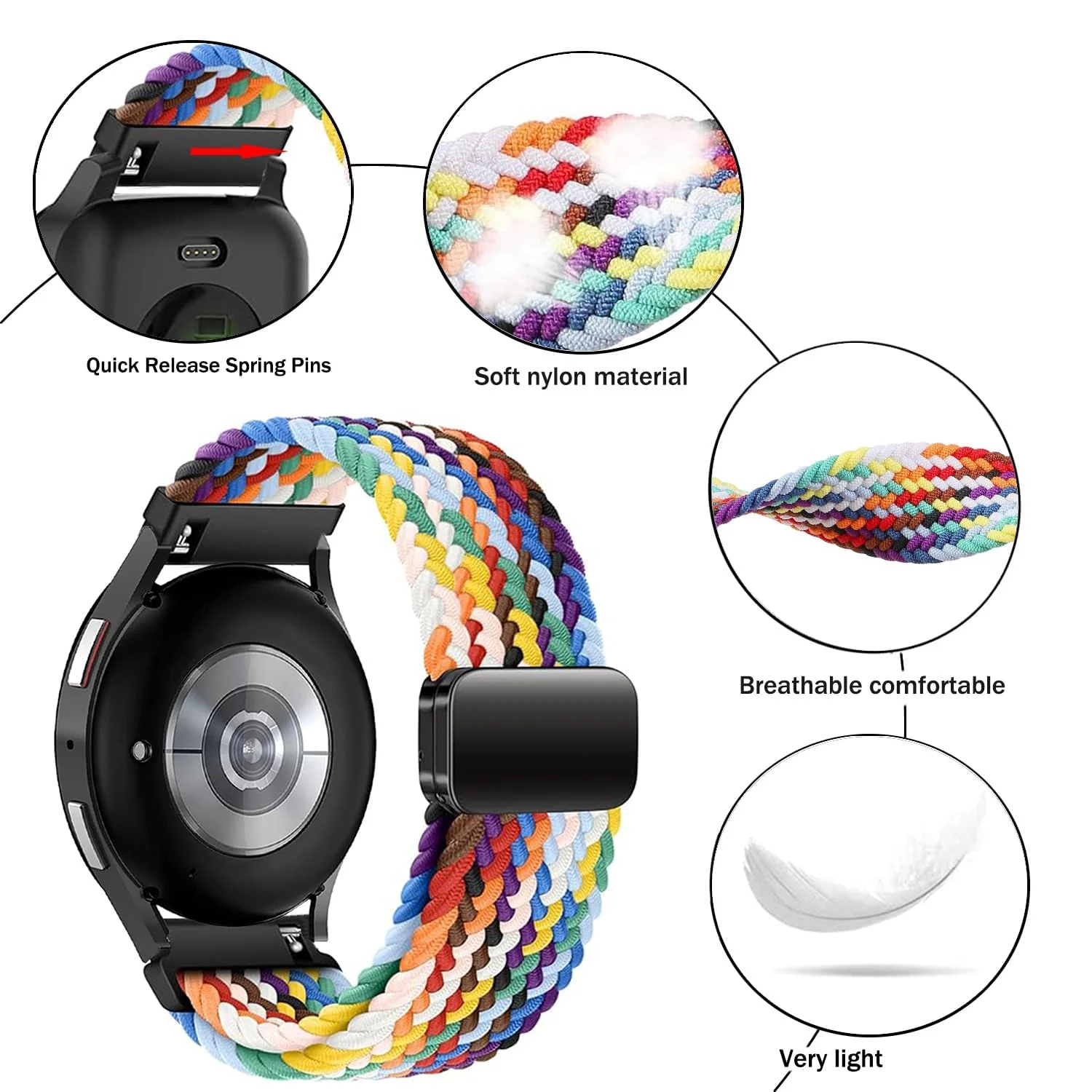 DL3 Mobilak 22mm Magnetic Band for Redmi Watch 5 Active/5 Lite/Samsung Galaxy Watch 3 45mm/Watch 46mm/Gear S3/Huawei watch GT6 GT5 46MM/GT2E/GT6 Pro/GT 5 Pro/Amazfit GTR 4/3, Stretchy Braided Nylon Sport Strap - A-official Rainbow