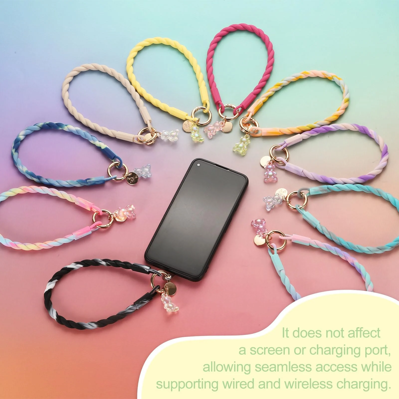 DL3 Mobilak Silicone Crystal Lanyard, 30cm Phone Wrist Strap Lanyard Keychain Office Wrist Strap with Clasp and Bear for Women Phone ID Card, Keys Strap - Purple/Pink