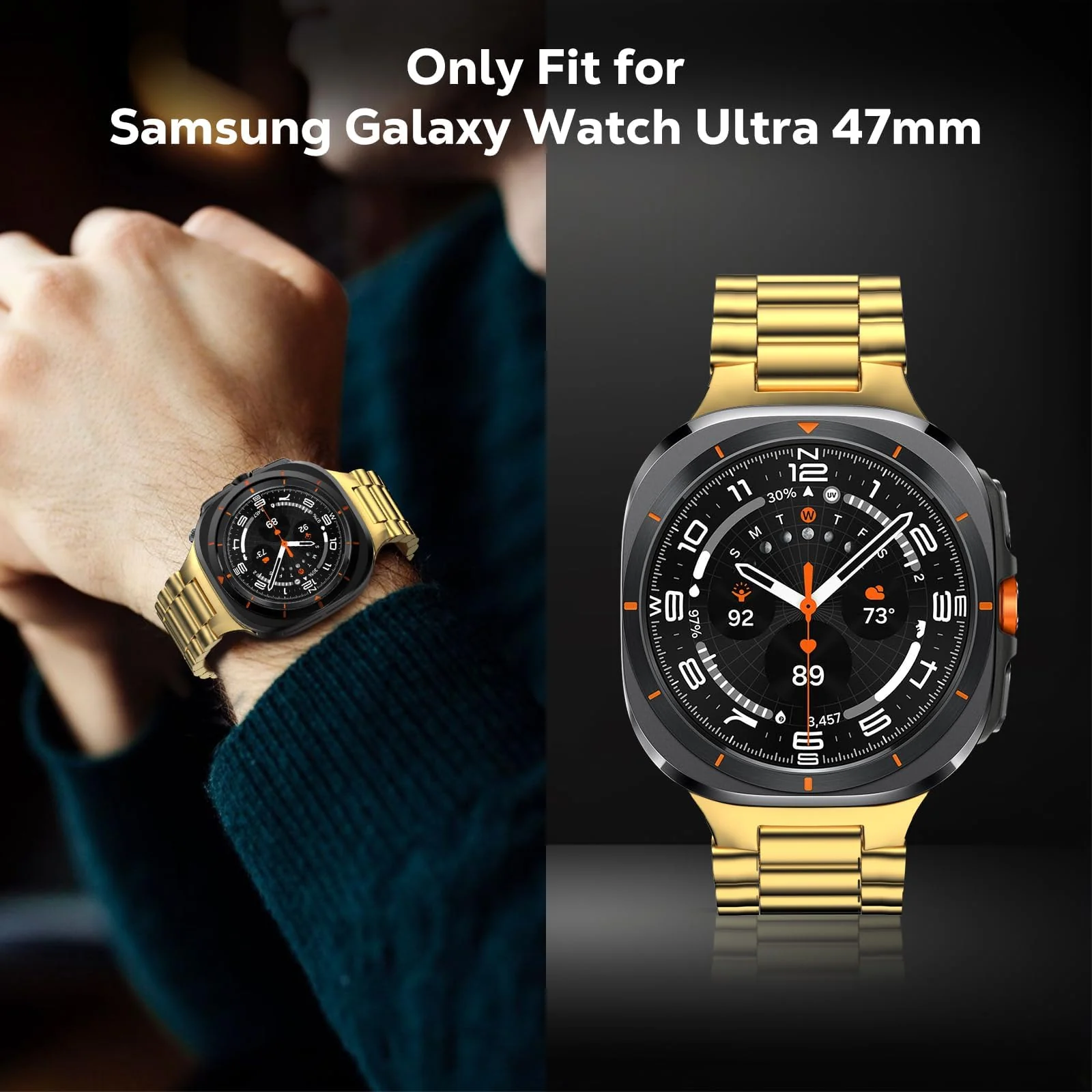 DL3 Mobilak Metal Straps Compatible with Samsung Galaxy Watch Ultra Strap 47mm, Stainless Steel Wristband Replacement Watch Strap Bands Accessories Bracelet for Galaxy Watch 7 Ultra - Gold