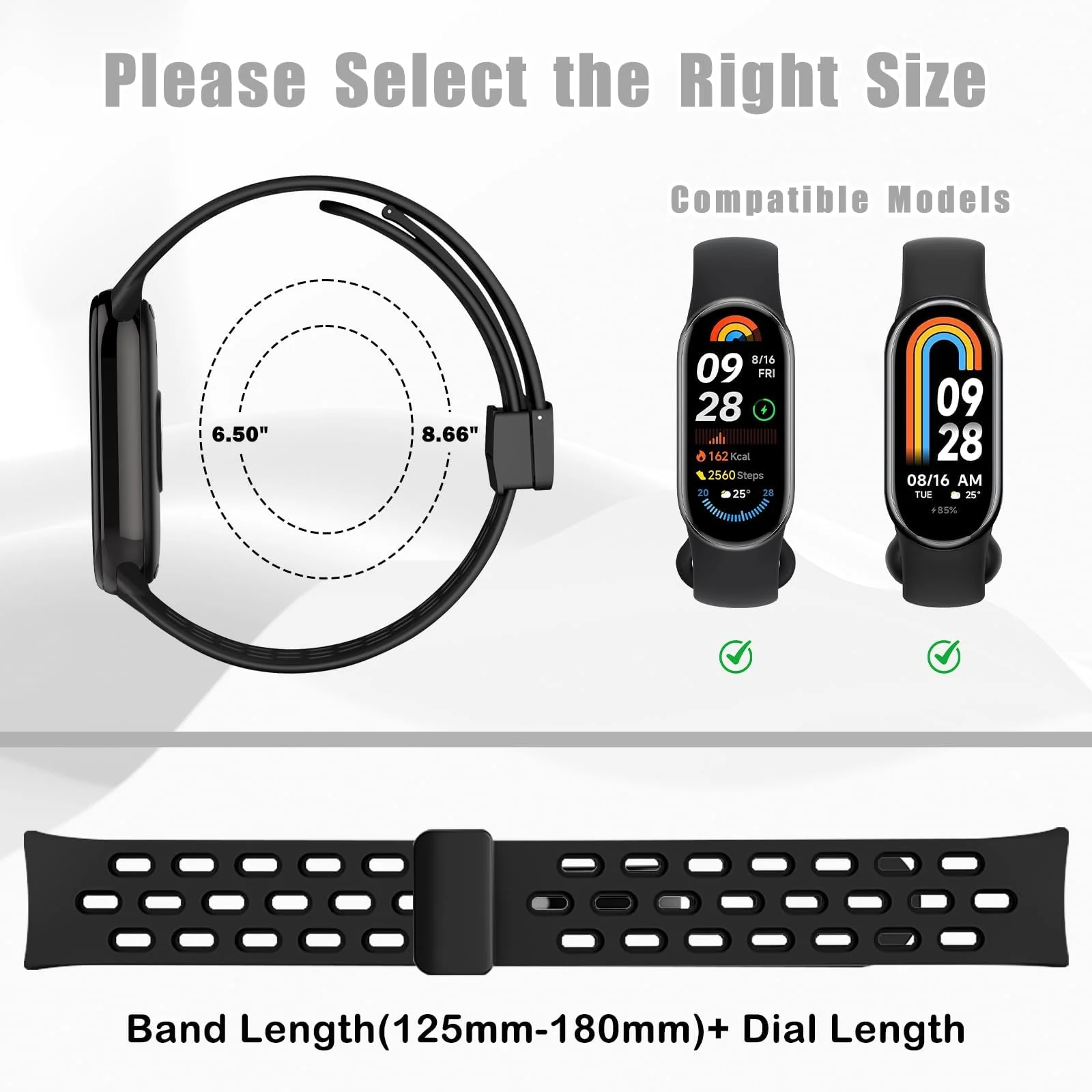DL3 Mobilak Strap For Xiaomi Mi Band 10/9/8 Magnetic Metal Buckle Sport Silicone Breathable Strap for Men Women Band Quick Release Soft Replacment Wristband For Xiaomi Smart Band 8/9/10 - Black
