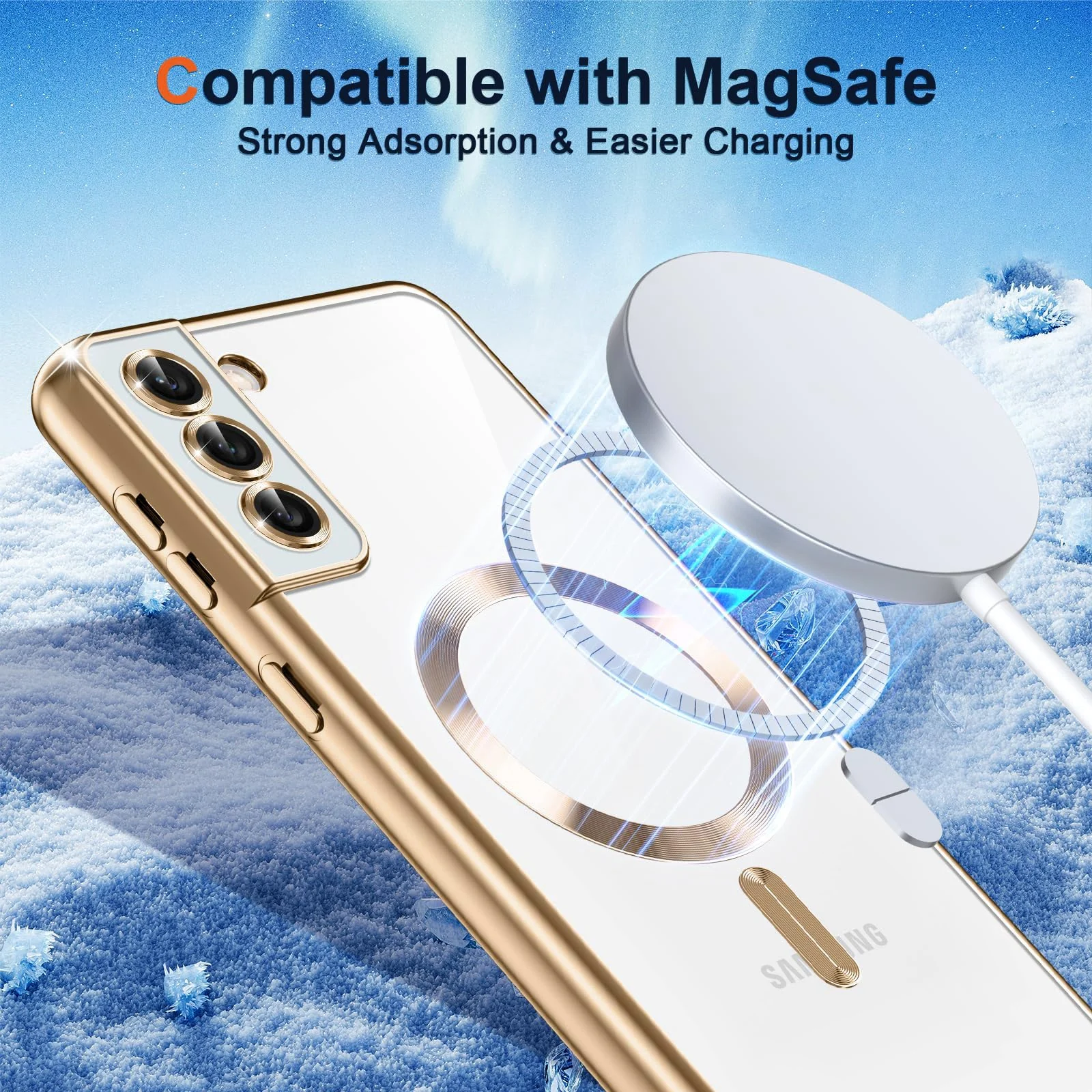 DL3 Mobilak Clear MagSafe-Compatible TPU Case and Camera Lens Protector for Samsung Galaxy S22 Plus - Gold