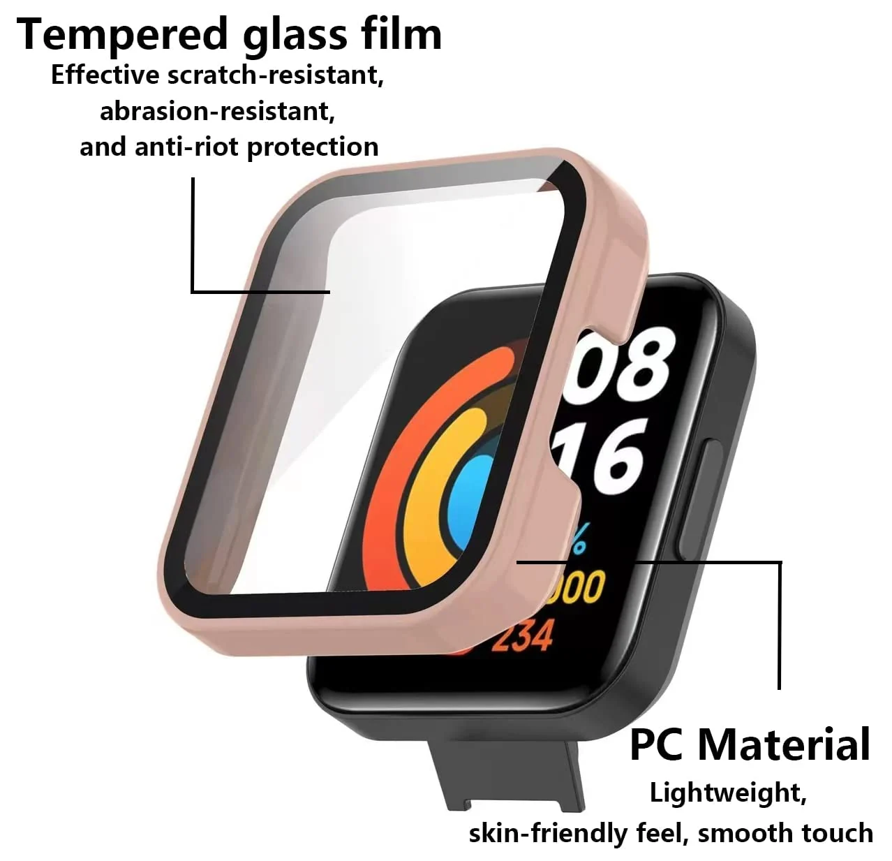 DL3 Mobilak Protective Case Compatible with Xiaomi Mi Redmi Watch 2 Lite, 9H Hardness PC Case Bumper Full Slim Protective Cover with Tempered Glass For Redmi Watch2 Lite - Pink