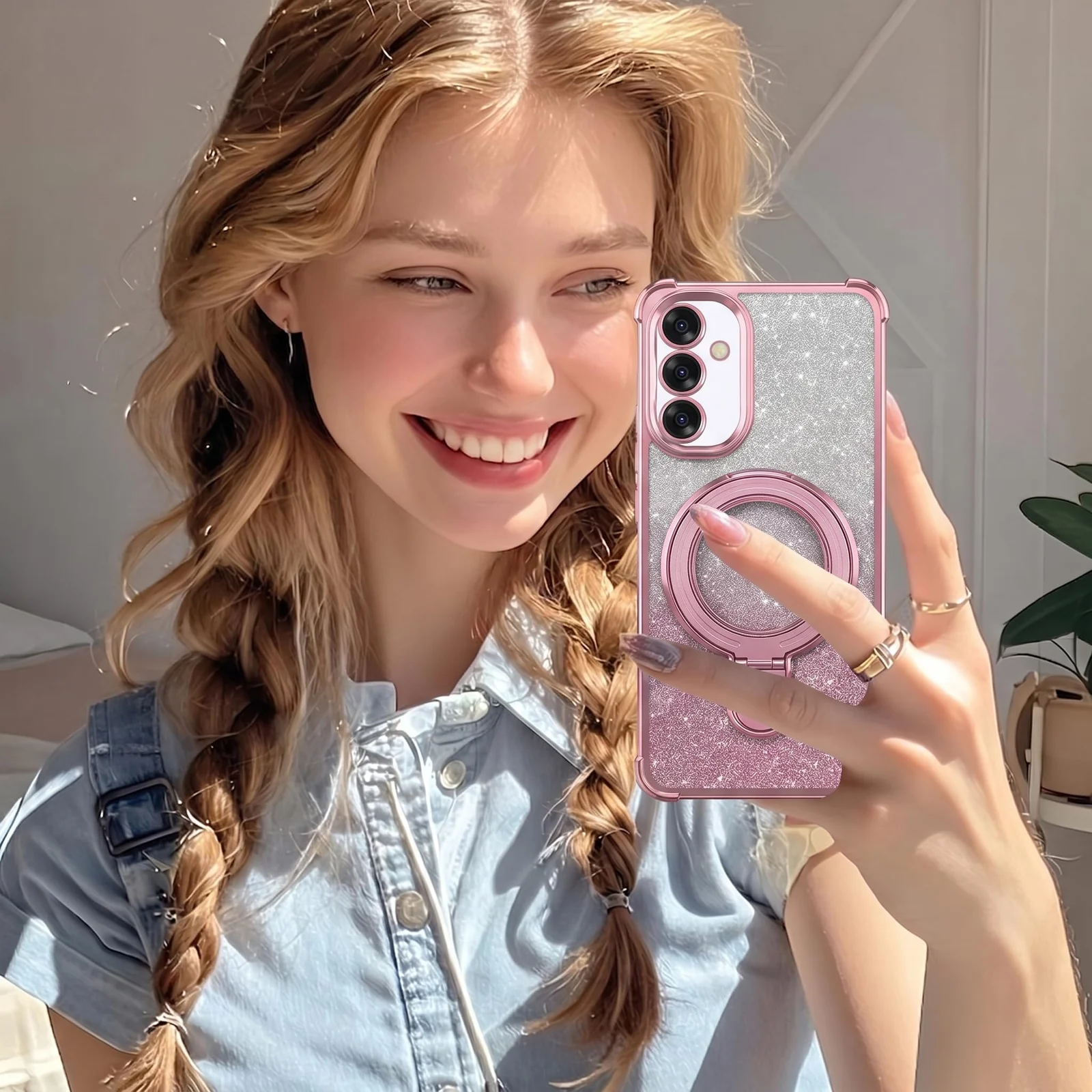 Mobigon Glitter Phone Case Compatible with OPPO A15 / OPPO A15S, Magnetic Ring Stand Shockproof Cover, Clear Soft TPU Bumper with Full Camera Protection - Pink