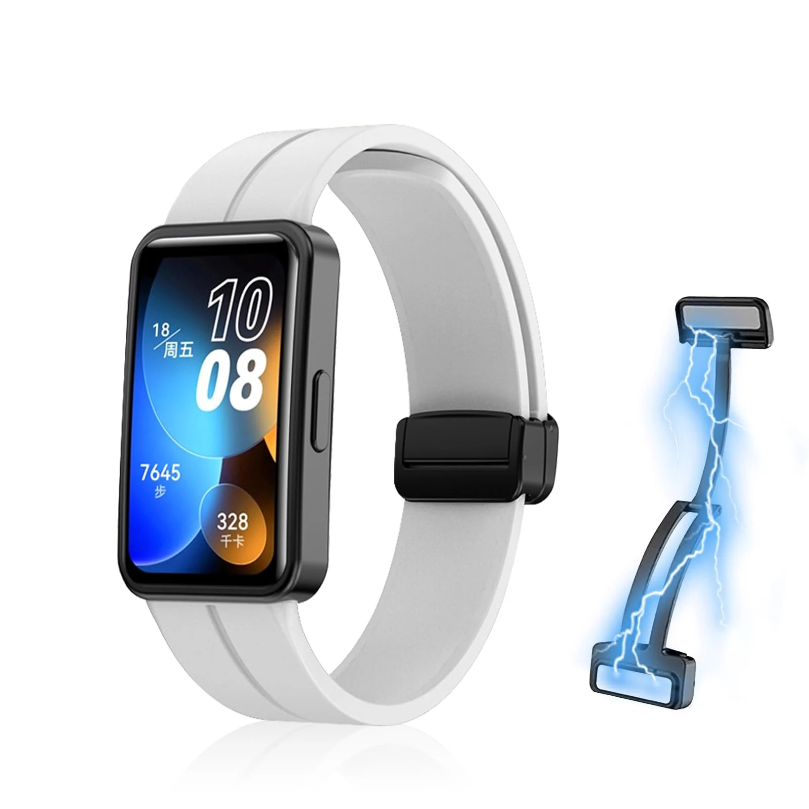 DL3 Mobilak Silicone Strap Compatible with Huawei Band 9/Huawei Band 8 Magnetic Metal Stainless Buckle Sport Silicone Strap for Huawei Band 8/9 Band Quick Release Soft Replacment Wristband - White