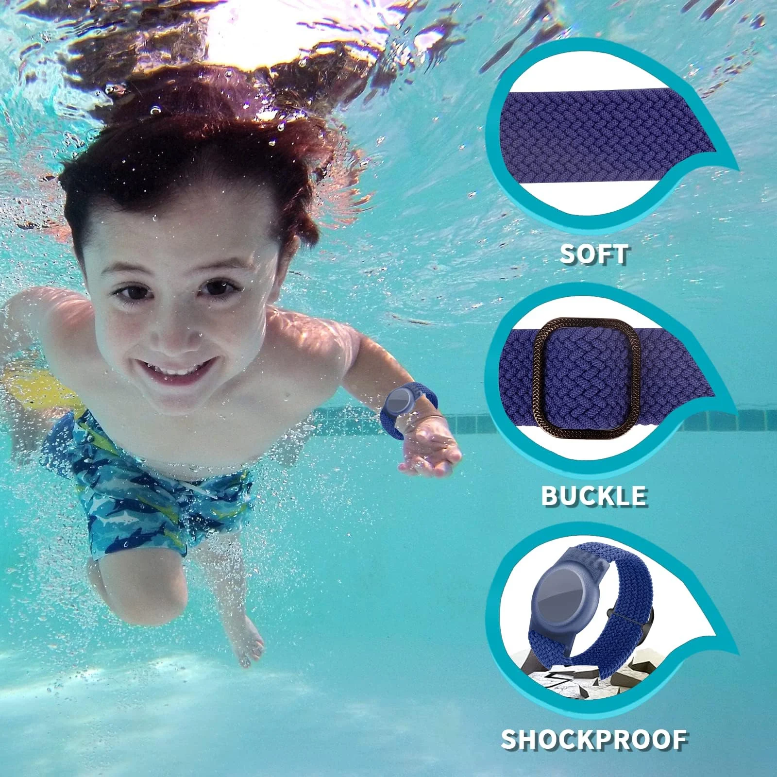 DL3 Mobilak Bracelet for Kids Compatible with AirTag, Nylon Stretch Braided Air Tag Wristband, Protective Case for Airtag GPS Tracker Holder, Adjustable Elastic Watch Strap for Toddler Child Elde - Blue