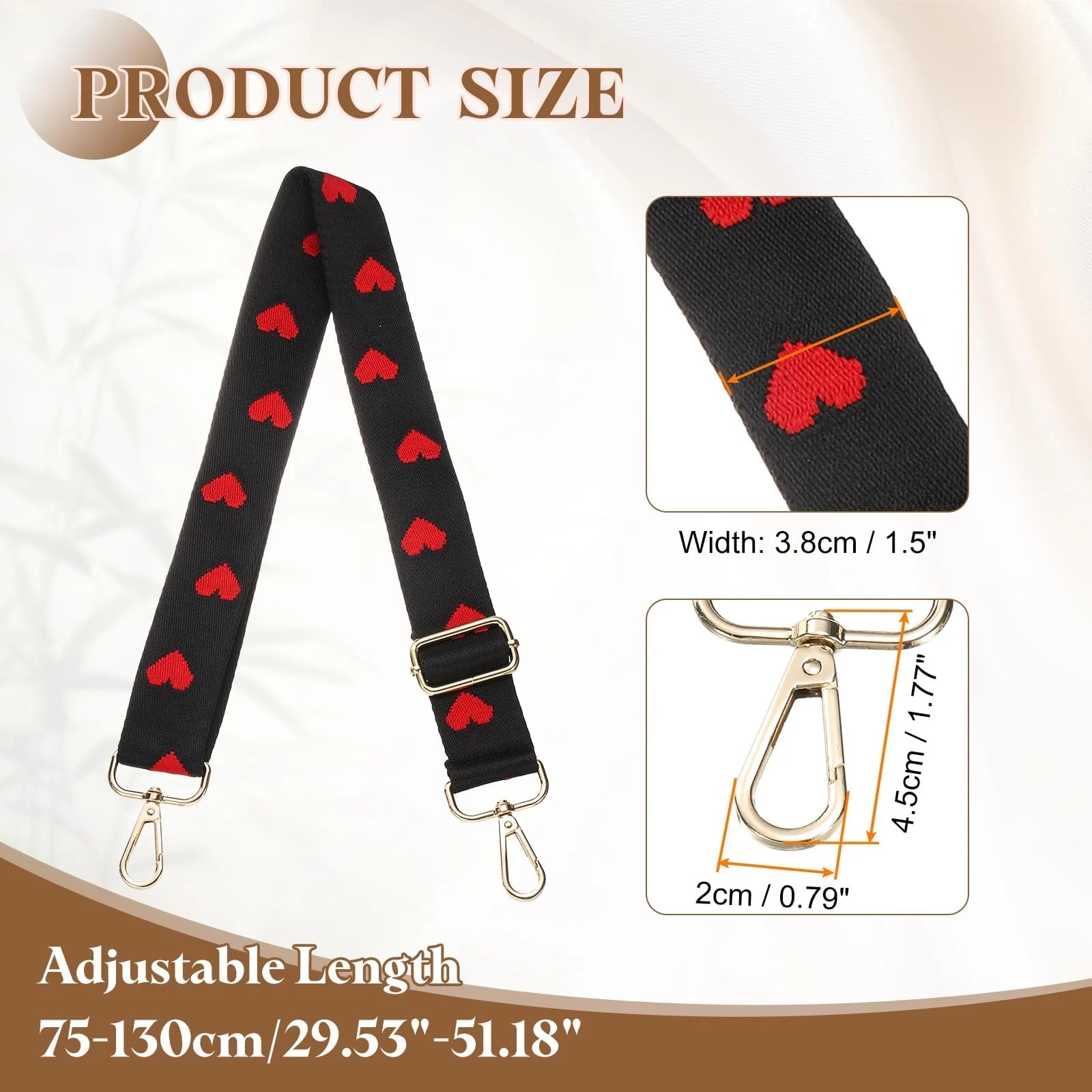DL3 Mobilak Adjustable Wide Crossbody Bag Strap for Women, Replacement Shoulder Strap for Handbags, Totes & Purses with Elegant Embroidered Pattern and Metal Hooks - Black Heart