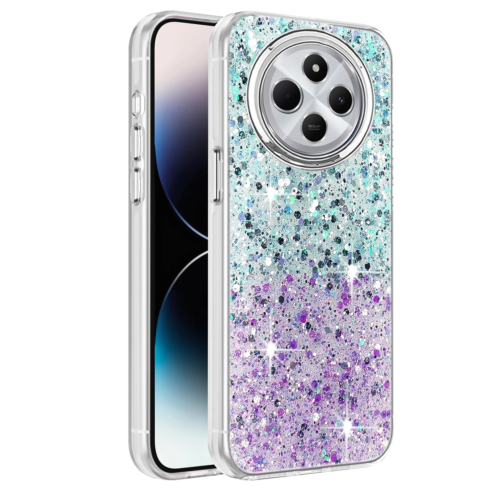 DL3 Mobilak Glitter Protective Case for Xiaomi Redmi 14C 4G / Poco C75, Supports wireless charging, Camera protection, Shock-absorbing protection - Green Purple