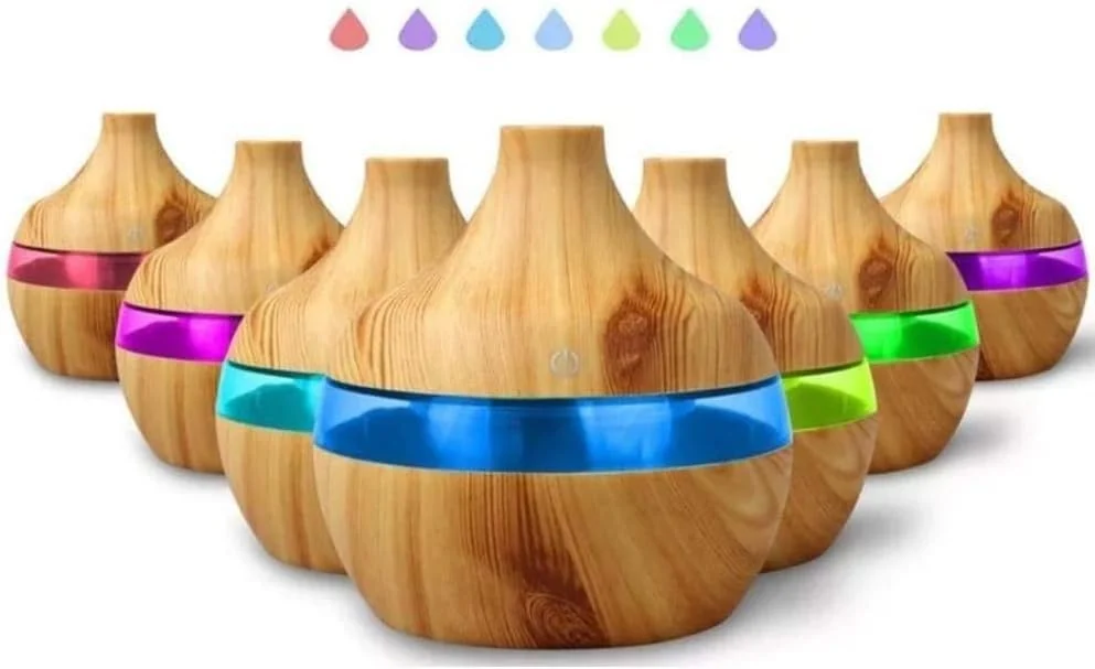 Mobigon Wood Cool Mist Ultrasonic Humidifier for Room Moisture, Aroma Diffuser for Home, 300ml Essential Oil Diffuser with 7 Colorful Night Light, Auto Shut-Off, Home, Office, car - D.Light Brown