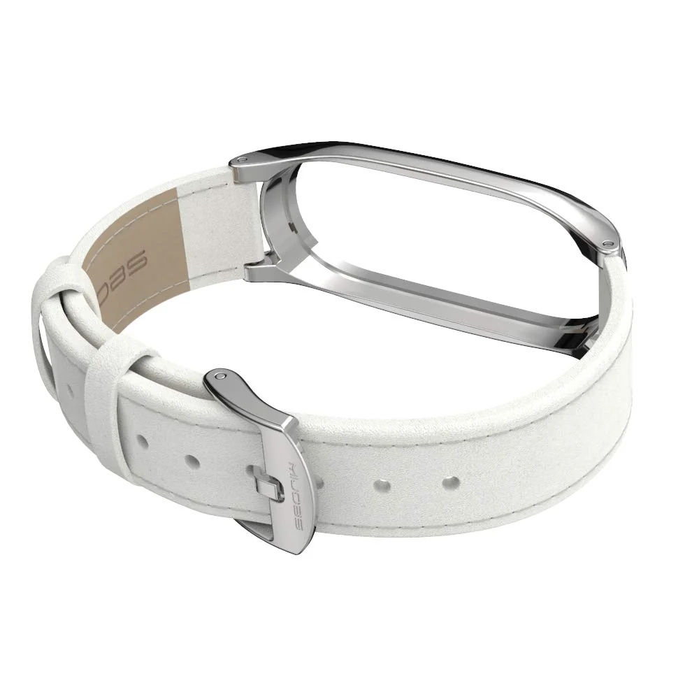 DL3 Mobilak Strap for Mi Band 6, Mi band 5, Mi Band 4, Mi Band 3 Genuine Leather Replacement Strap Watch Wrist Band Smart Bracelet Accessories for Xiaomi Mi 6 5 4 3 Fit Band - White