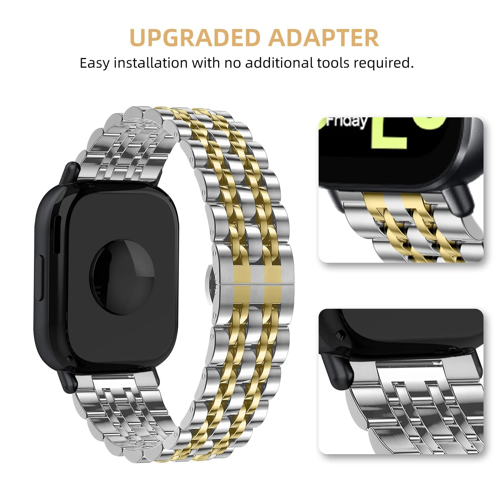DL3 MOBILAK Adjustable Stainless-Steel Link Watch Strap for Xiaomi Redmi Watch 5 Lite and 5 Active - Silver/Gold