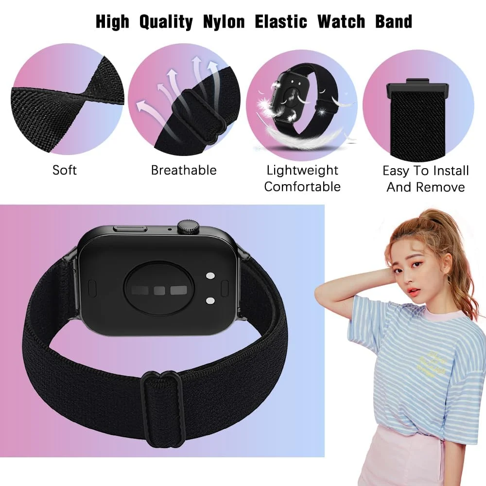 DL3 Mobilak Nylon Strap For Redmi Watch 4/Redmi Watch 5/Xiaomi Smart Band 8 Pro/Band 9 Pro, Soft Elastic Nylon Straps, Adjustable Stretchy Sports Replacement Bracelets Wristbands for Women Men - Black