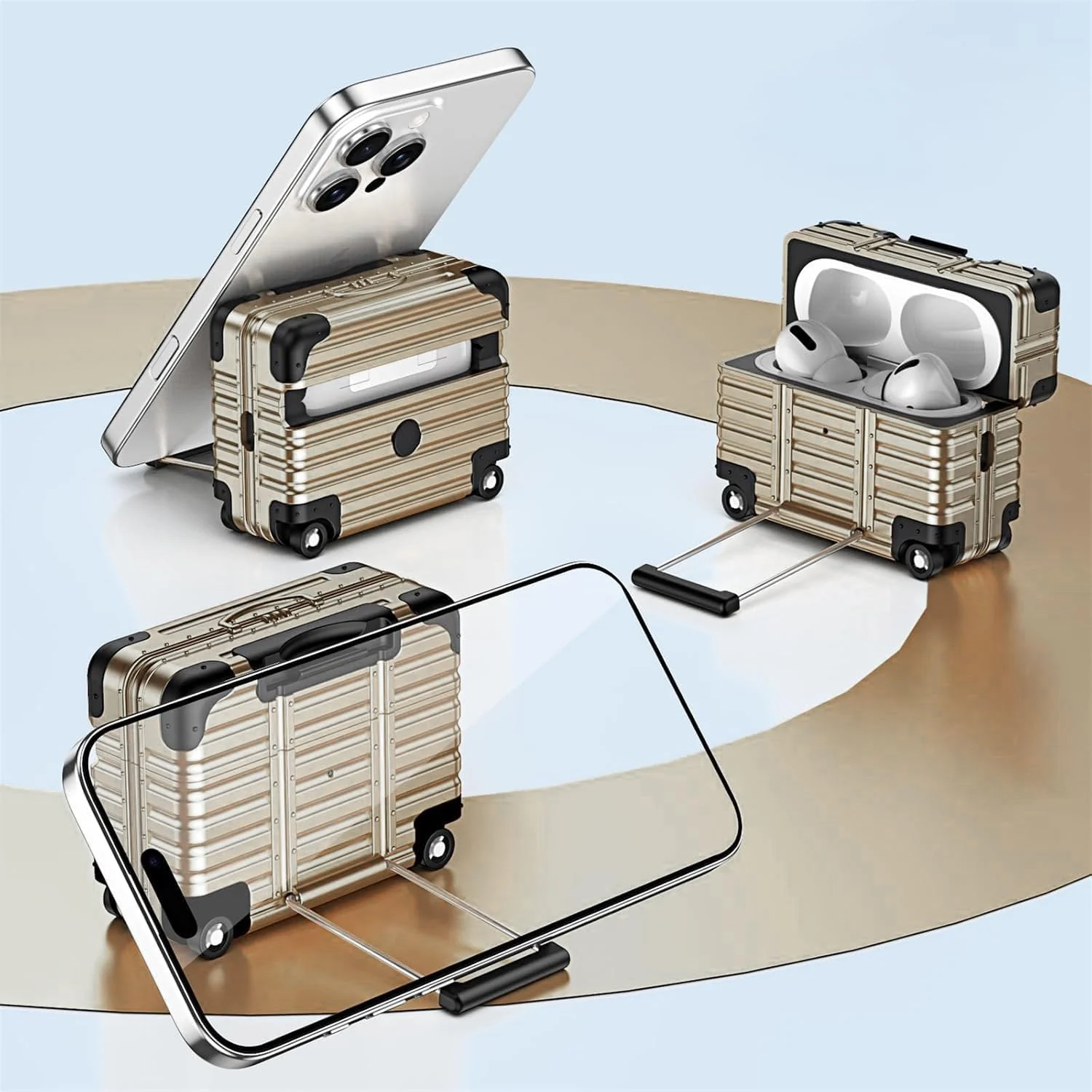 MOBIGON Suitcase-Style Hard Earbuds Case with Keychain for Apple AirPods Pro 1 / 2, Gold