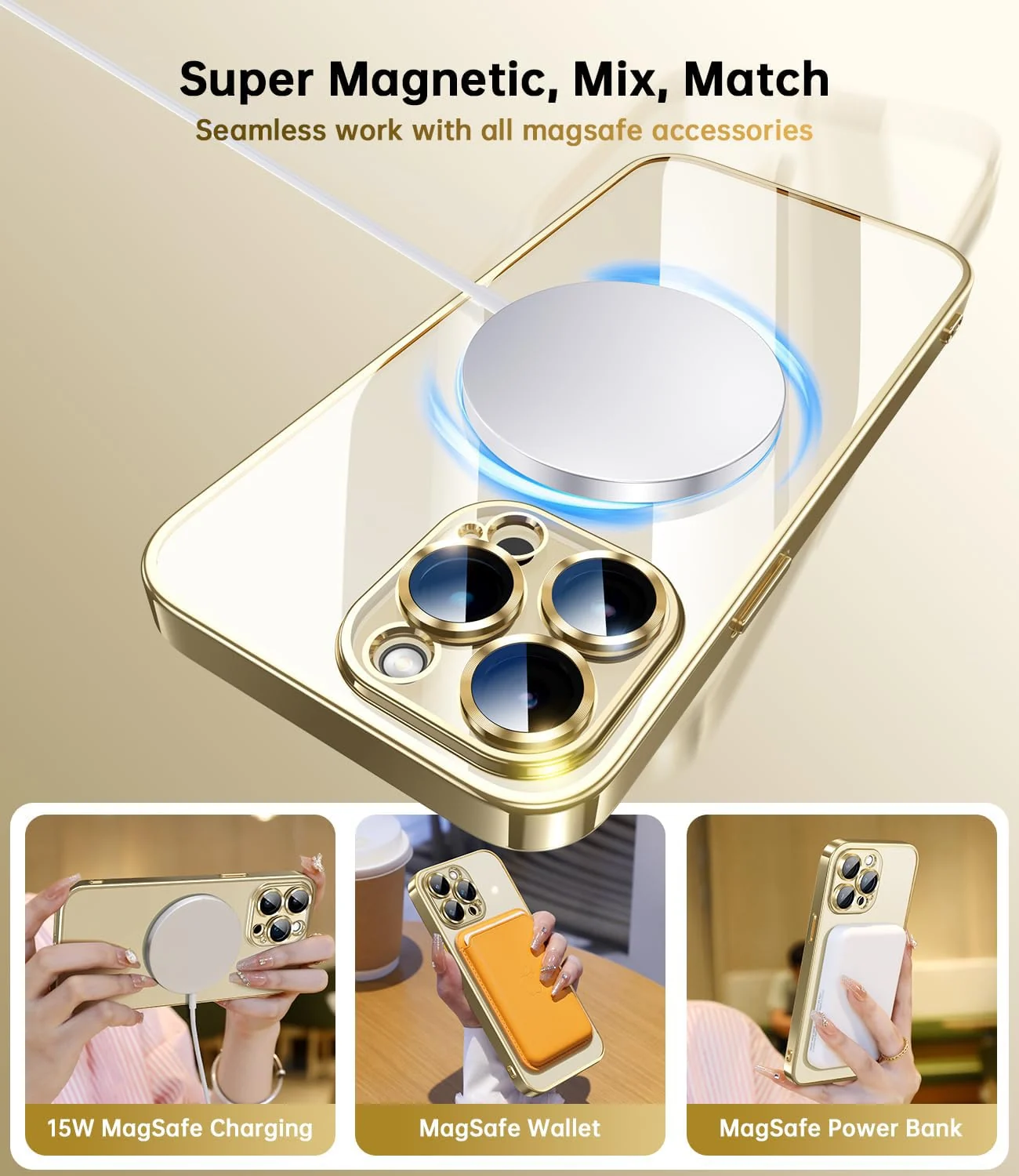 DL3 MOBILAK MagSafe Phone Case with Camera Lens Protector for Apple iPhone 13 Pro, Gold