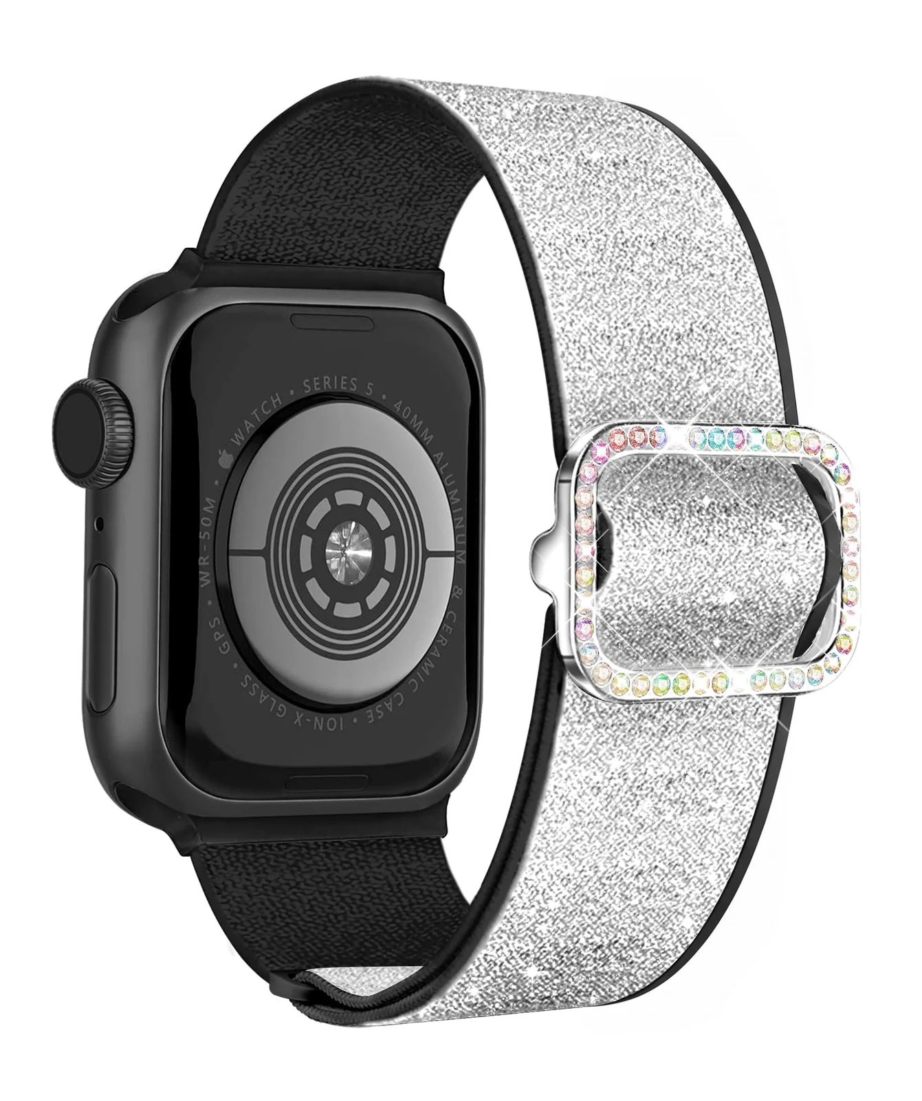 Dl3 Mobilak Stretchy Bling Band For Apple Watch 49mm 46mm 45mm 44mm 42mm Women, Nylon Sparkly Strap Solo Loop Glitter Wristband for iWatch Series 11 10 9 8 7 6 5 4 SE Ultra 3 2 1 (Silver/Black)