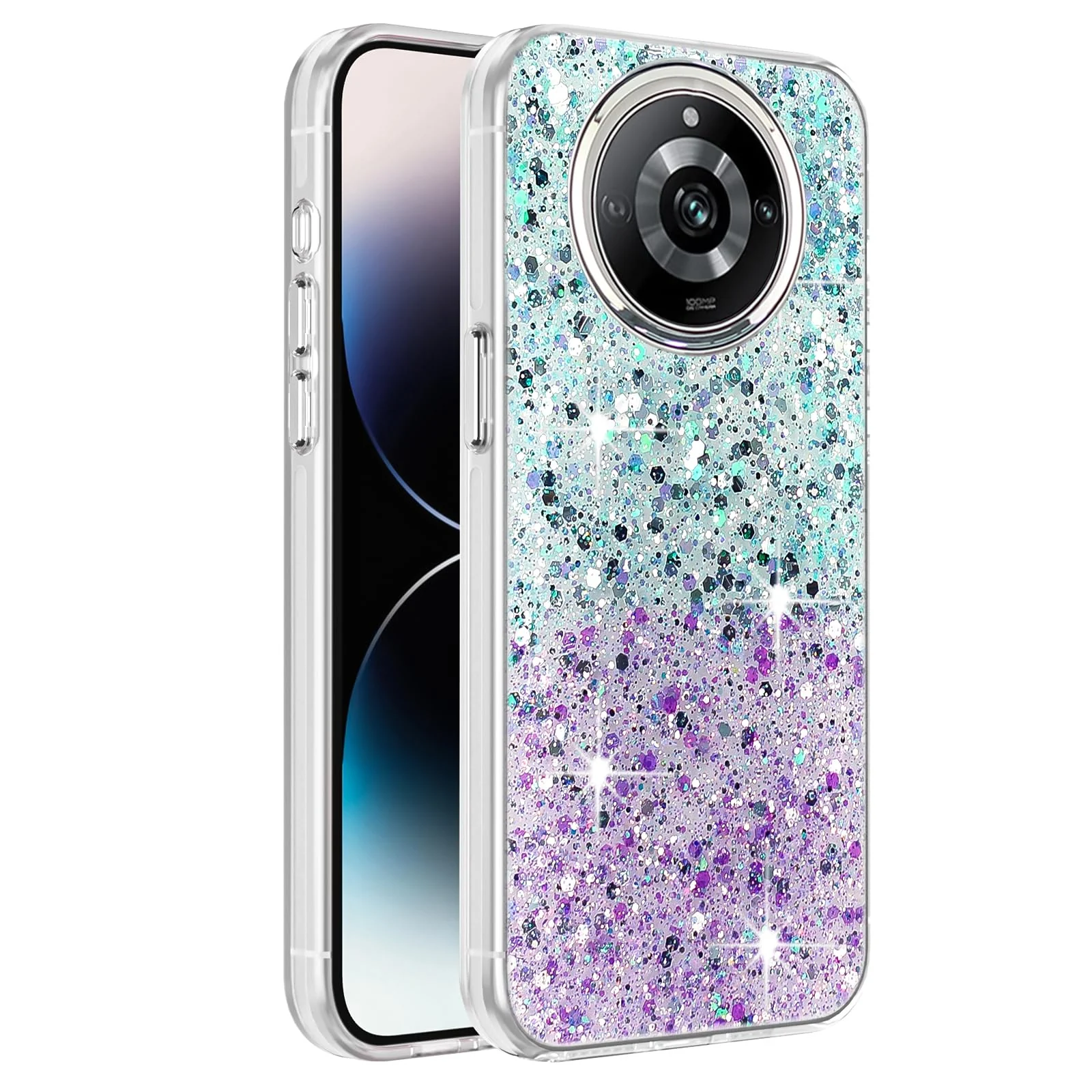 DL3 Mobilak Glitter Protective Case for realme 11 Pro 5G / realme 11 Pro + Plus 5G, Supports wireless charging, Camera protection, Shock-absorbing protection - Green Purple